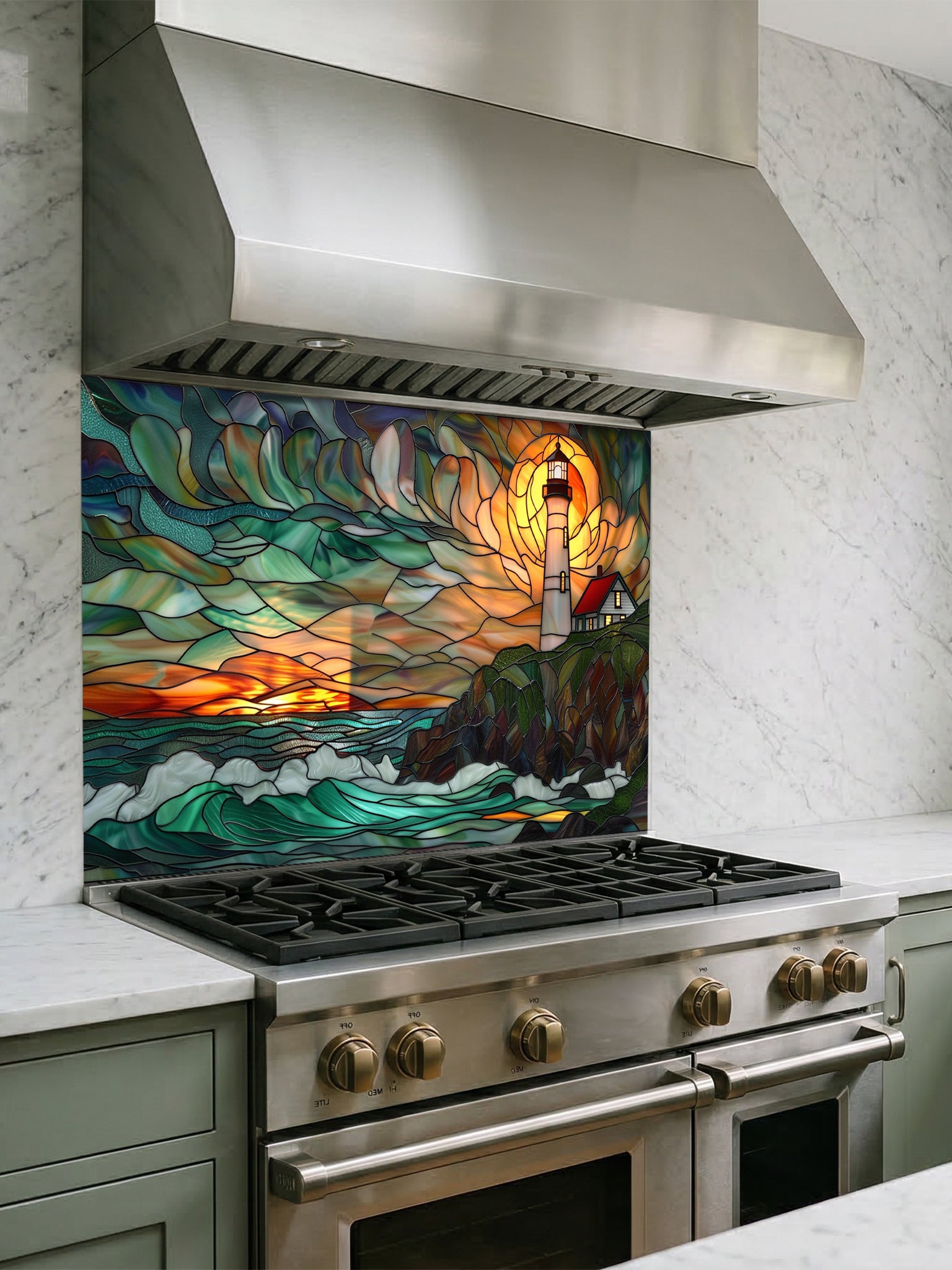 Tempered glass kitchen backsplash featuring a highly realistic 3D illusion of scenic stained glass art showing a classic lighthouse with a red roof on a rocky cliff overlooking turbulent teal ocean waves under a vibrant orange and amber sunset sky, installed behind a modern black stove.
