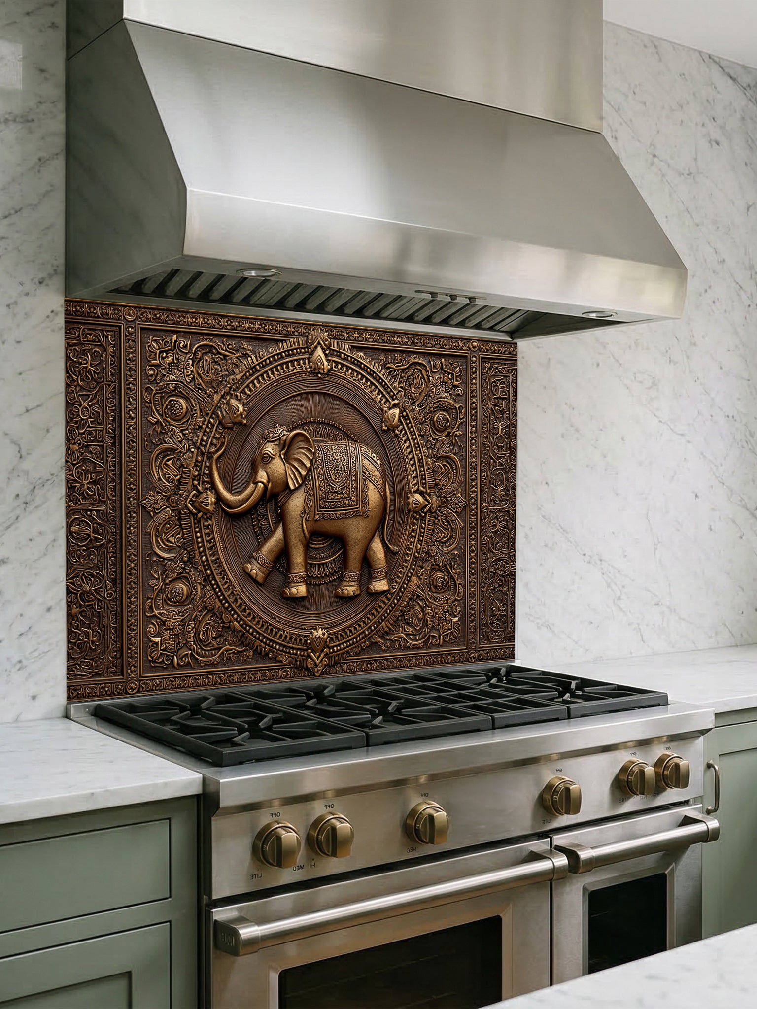 Faux 3D effect intricately carved bronze elephant and ornate mandala pattern, UV printed on a smooth tempered glass kitchen backsplash, installed behind a modern stove.