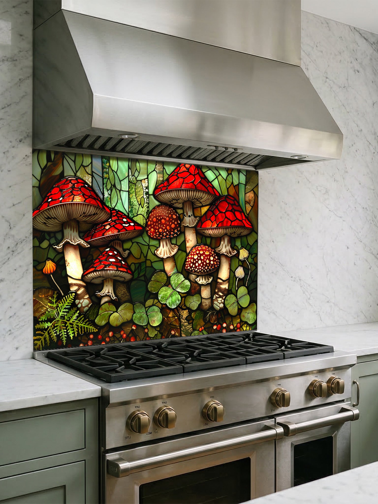 Stained glass style woodland scene with vibrant red mushrooms, ferns, and clovers, UV printed on a smooth tempered glass kitchen backsplash, installed behind a modern stove.