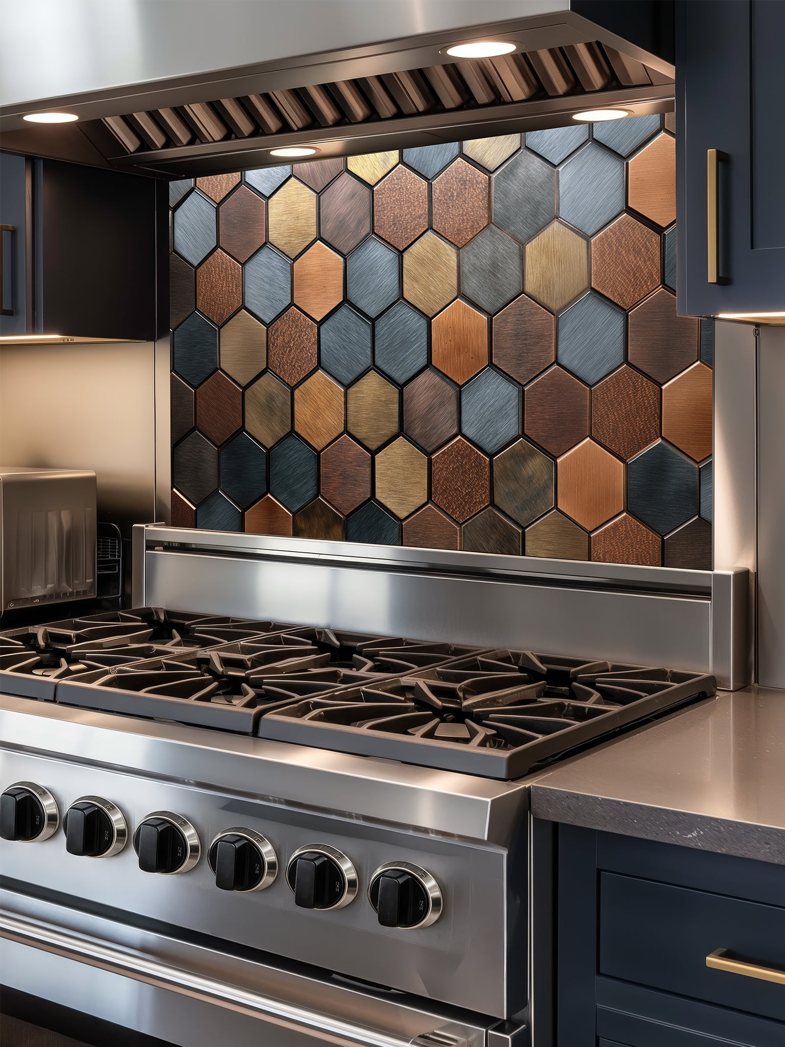 Tempered glass kitchen backsplash featuring a modern metallic hexagon honeycomb pattern in rich copper, bronze, and slate blue tones, installed behind a stainless steel stove.