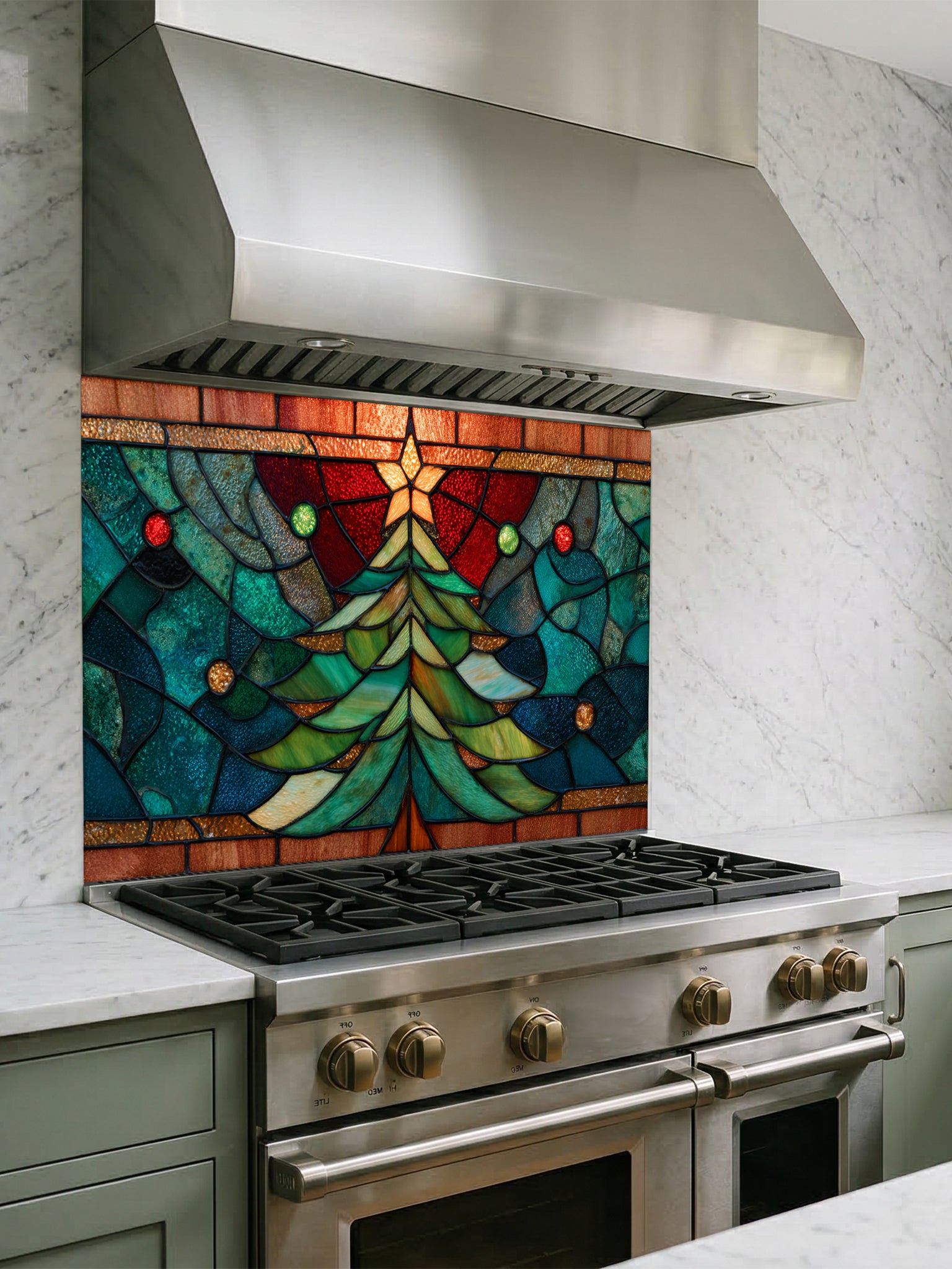 Tempered glass kitchen backsplash featuring a highly realistic 3D illusion of stained glass art showing a festive evergreen Christmas tree decorated with red ornaments and a glowing gold star against a warm amber and blue background, installed behind a modern black stove.