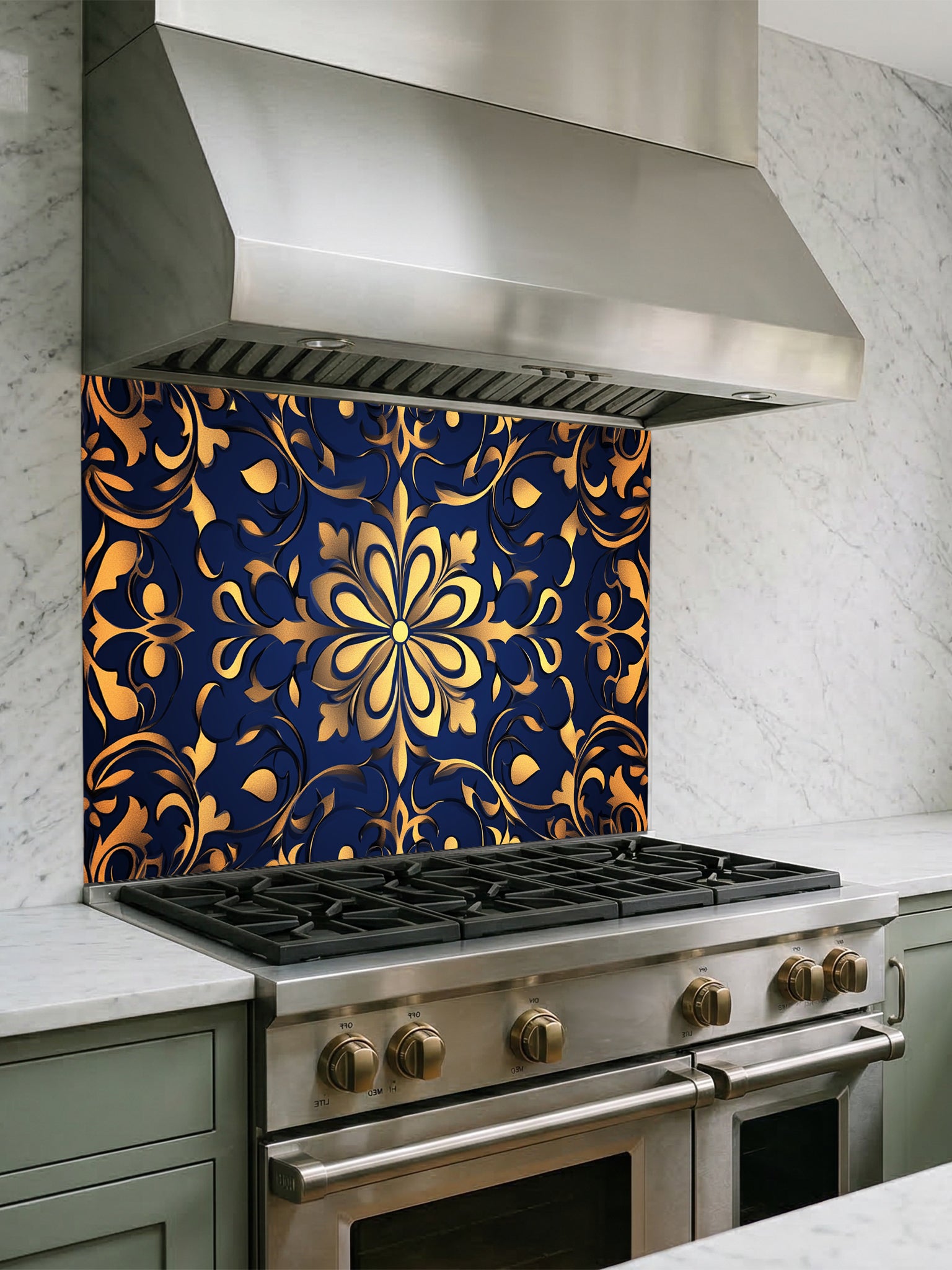 Elegant faux embossed gold damask floral mandala pattern on a deep midnight navy blue background, UV printed on a smooth tempered glass kitchen backsplash.