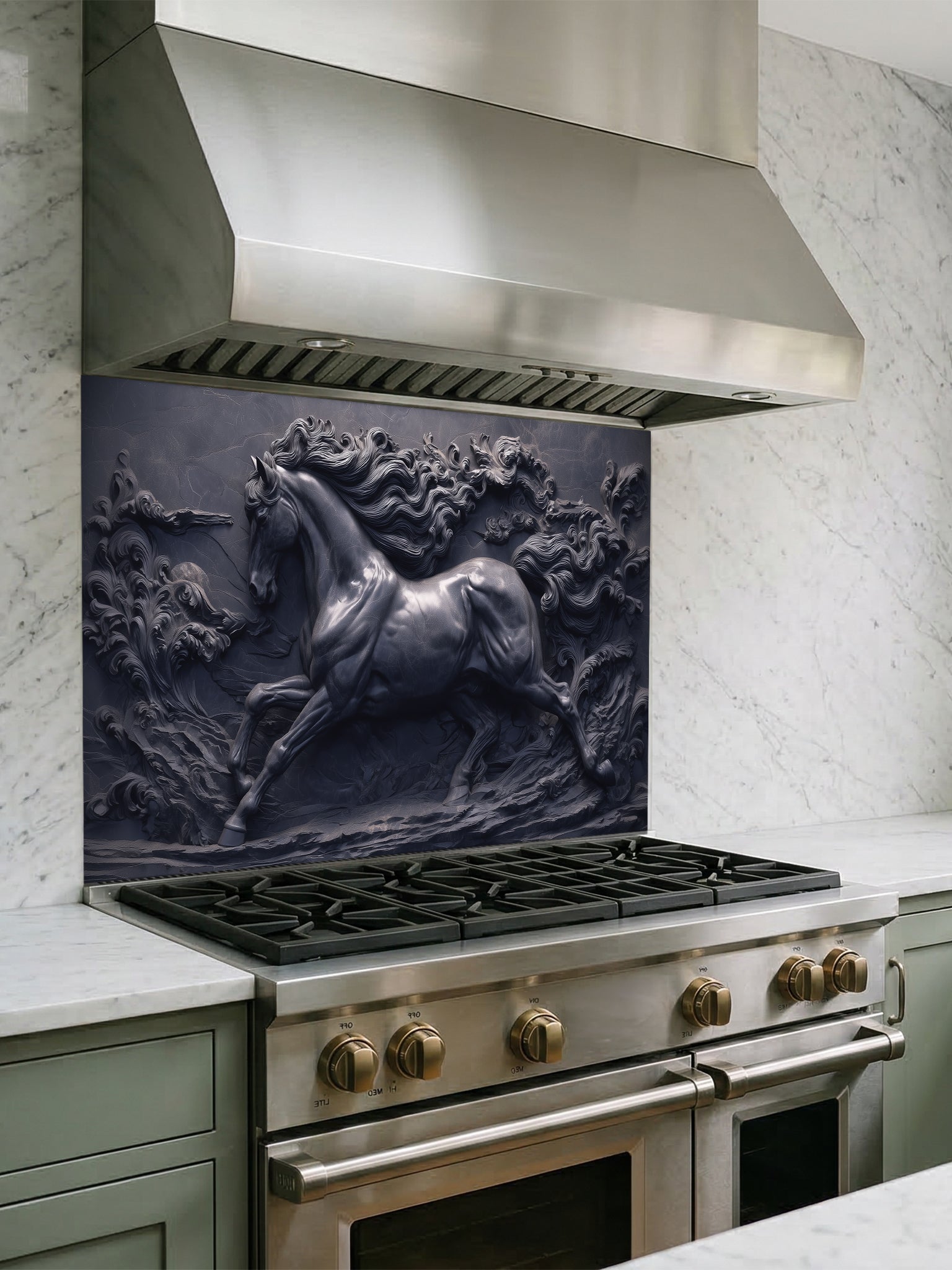 Faux 3D sculpted dark slate and black cast iron relief of a majestic galloping horse through swirling waves, UV printed on a smooth tempered glass kitchen backsplash.