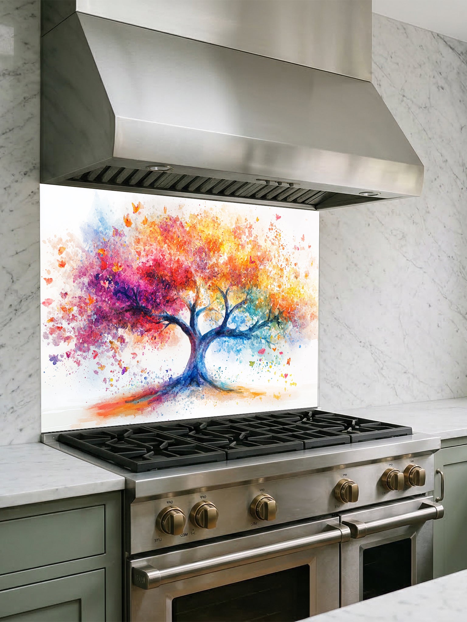 Vibrant watercolor style Tree of Life with colorful paint splatters in rainbow hues, UV printed on a smooth tempered glass kitchen backsplash.