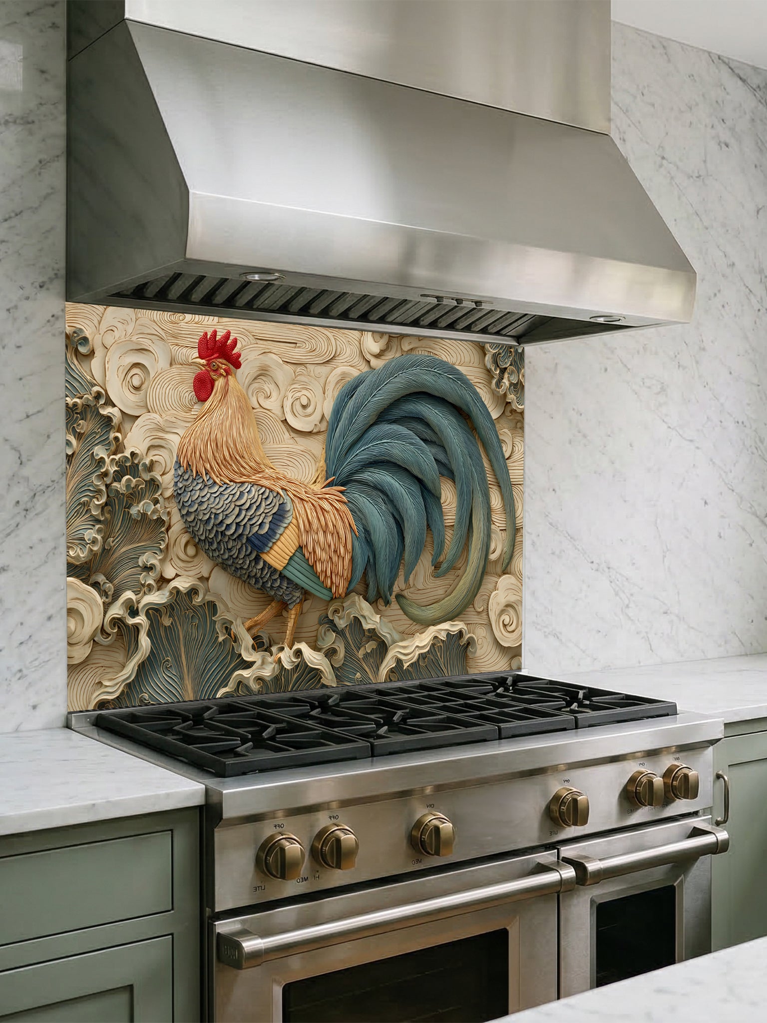 Tempered glass kitchen backsplash featuring a highly realistic 3D illusion of an intricately carved bas-relief sculpture showing a proud rooster with teal and amber feathers against a dynamic background of flowing, stylized swirling clouds and wind motifs in warm cream tones, installed behind a modern black stove.