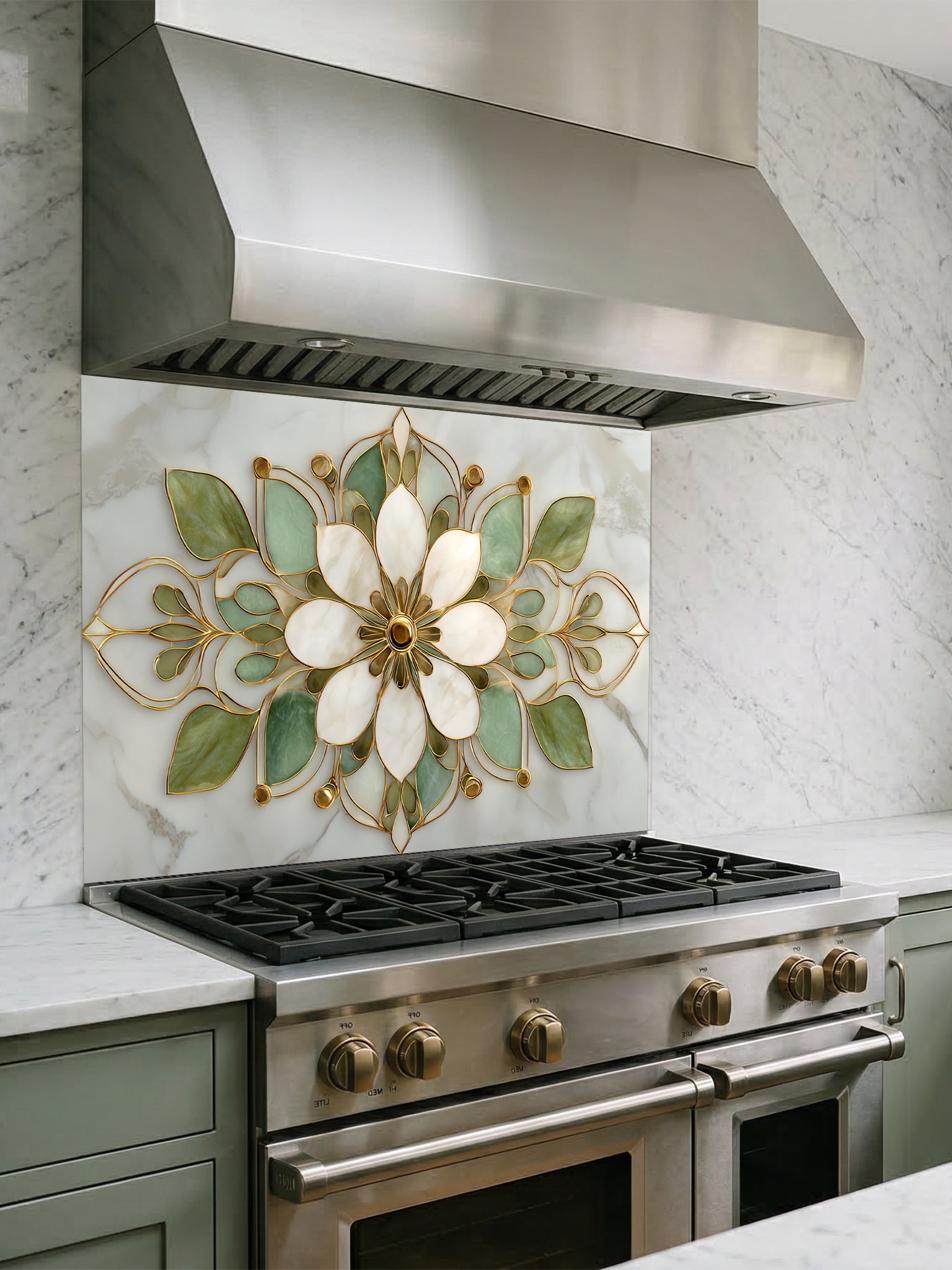 Faux white marble kitchen backsplash featuring an elegant sage green, cream, and gold stained glass lotus mandala pattern, UV printed on smooth tempered glass.