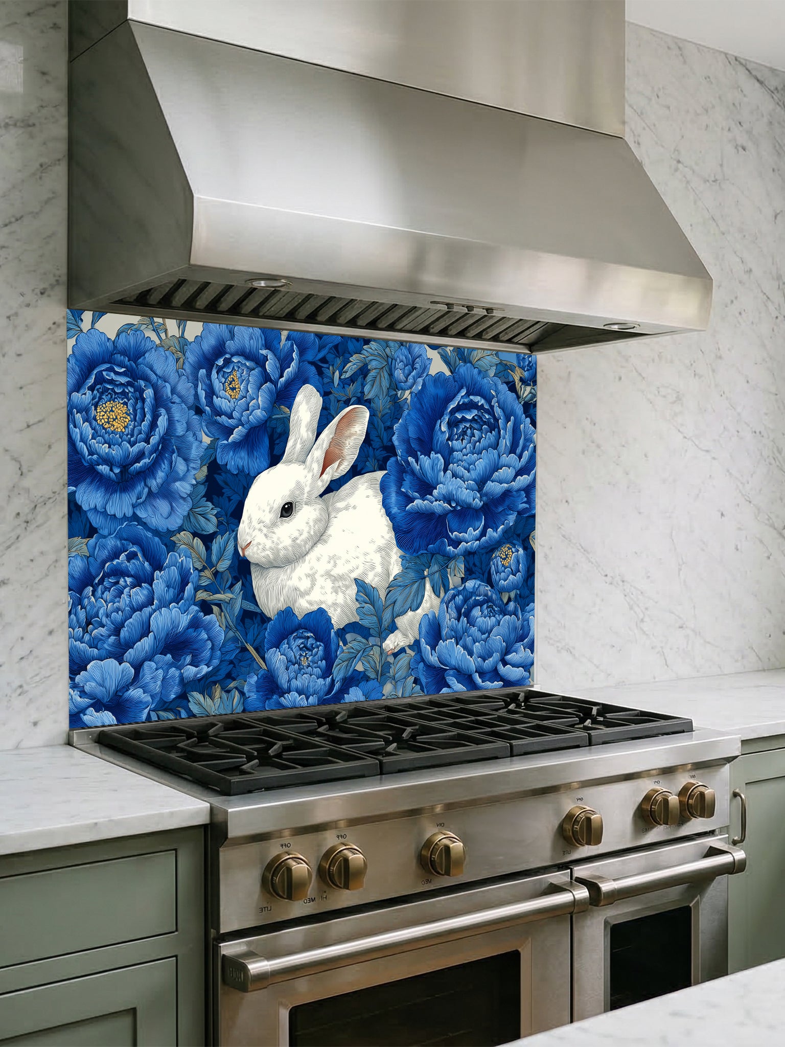 Vintage style illustration of a white rabbit sitting among large deep blue peony flowers, UV printed on a smooth tempered glass kitchen backsplash, installed behind a modern stove.