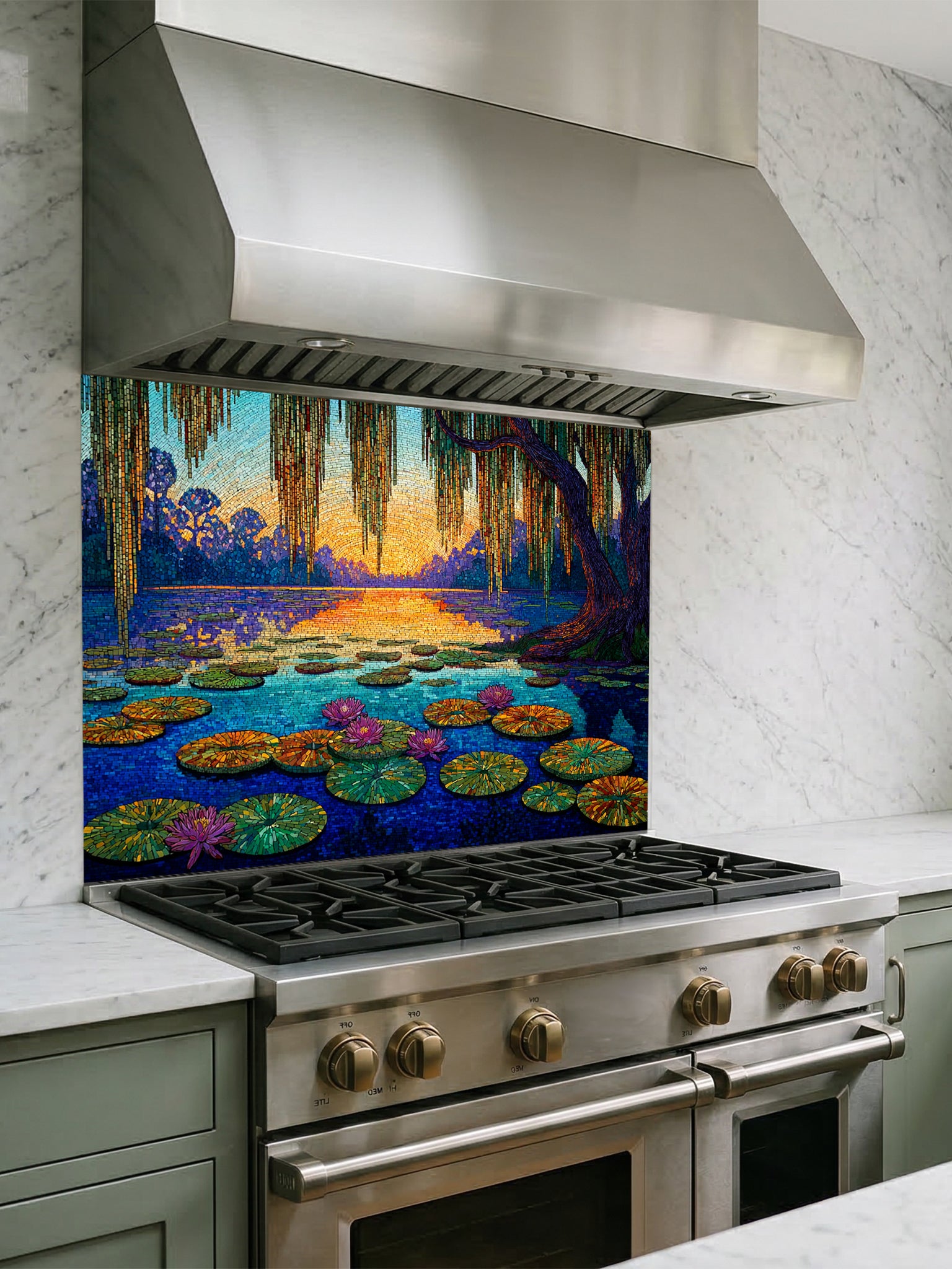 Tempered glass kitchen backsplash featuring a highly realistic 3D illusion of a Pointillist or Impressionist fine art painting, showing a tranquil lake with pink water lilies and a weeping willow at sunset, created with thousands of tiny textured paint dots, installed behind a modern black stove.