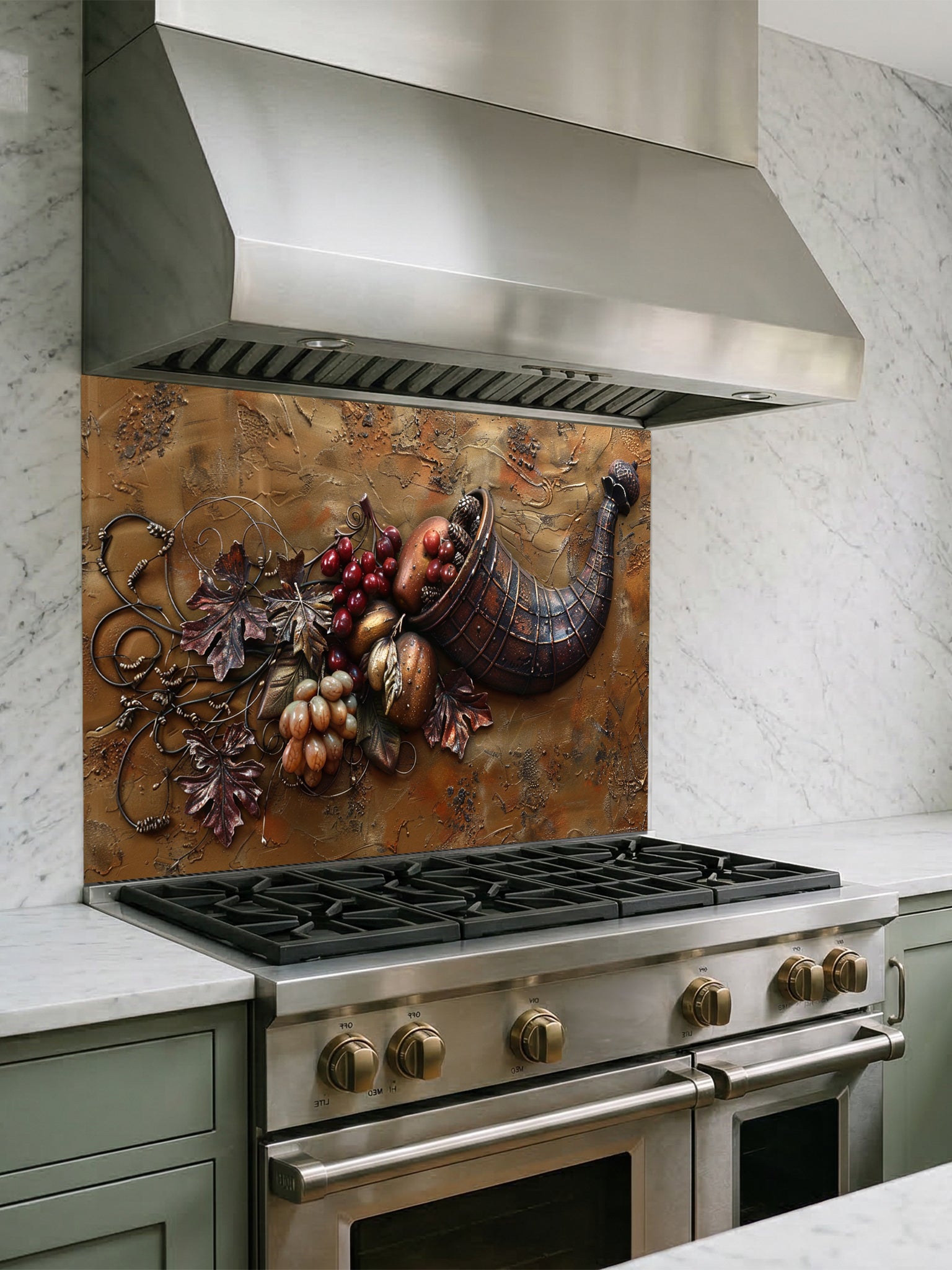 Faux 3D effect carved bronze cornucopia overflowing with grapes and autumn leaves on a textured metal background, UV printed on a smooth tempered glass kitchen backsplash.