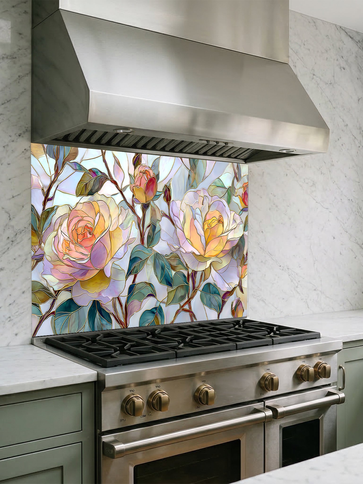 Tempered glass kitchen backsplash featuring a highly realistic 3D illusion of stained glass and watercolor art showing large, delicate blooming roses in pastel yellow, peach, and blush pink with teal green leaves, installed behind a modern black stove.