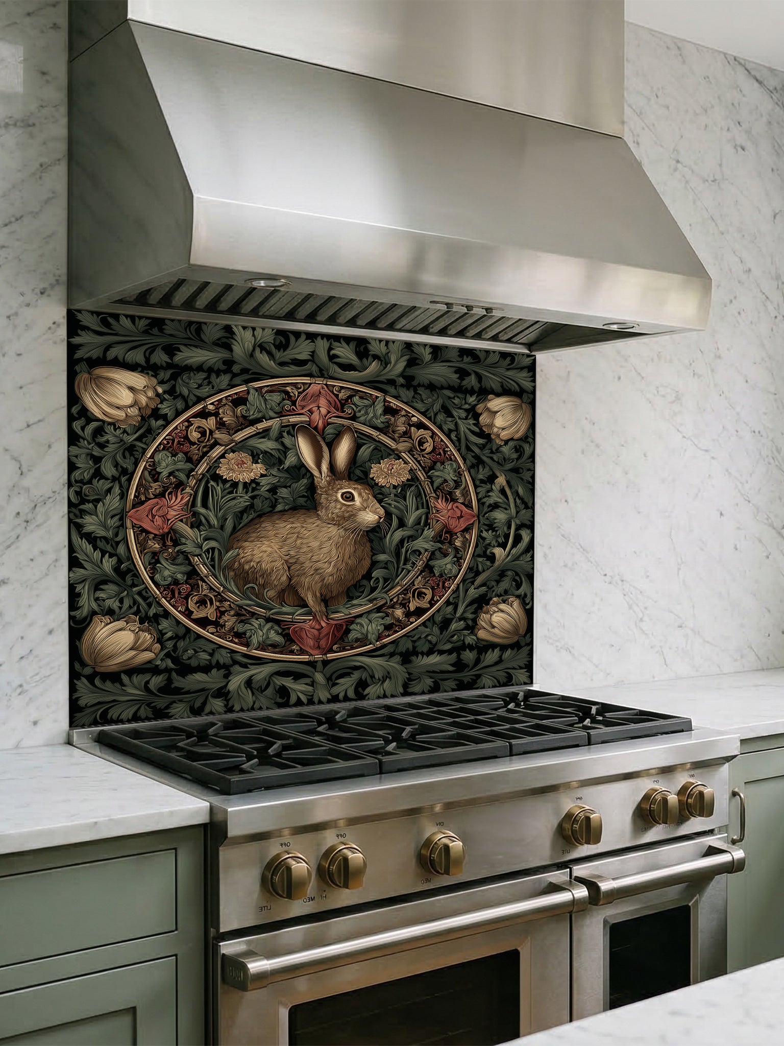 Tempered glass kitchen backsplash featuring a vintage-style dark botanical design with an ornate circular floral frame enclosing a classic illustration of a brown woodland hare, installed behind a modern stainless steel stove.