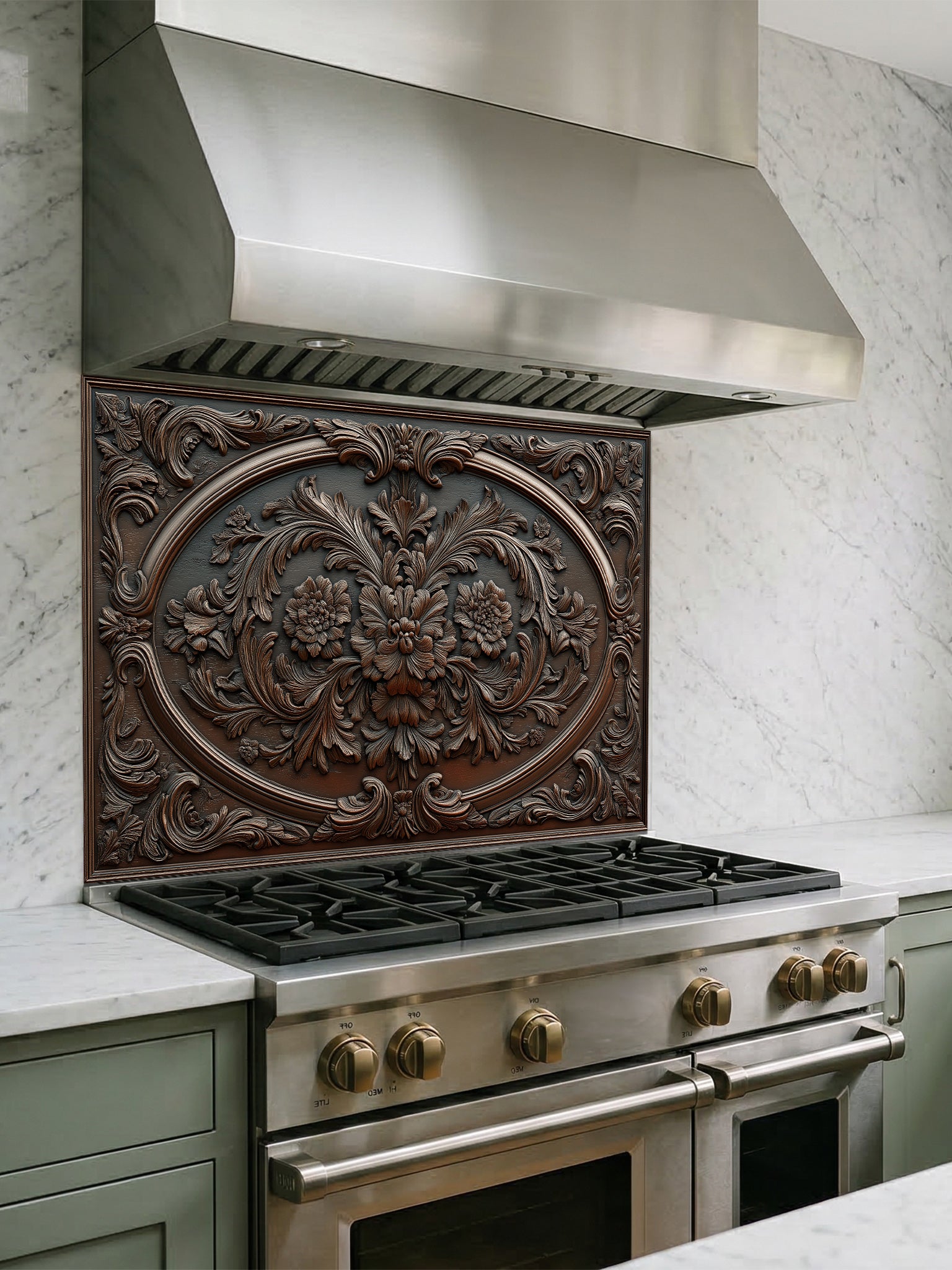 Faux 3D effect dark wood carved floral pattern in an ornate baroque frame, UV printed on a smooth tempered glass kitchen backsplash, installed behind a modern stove.