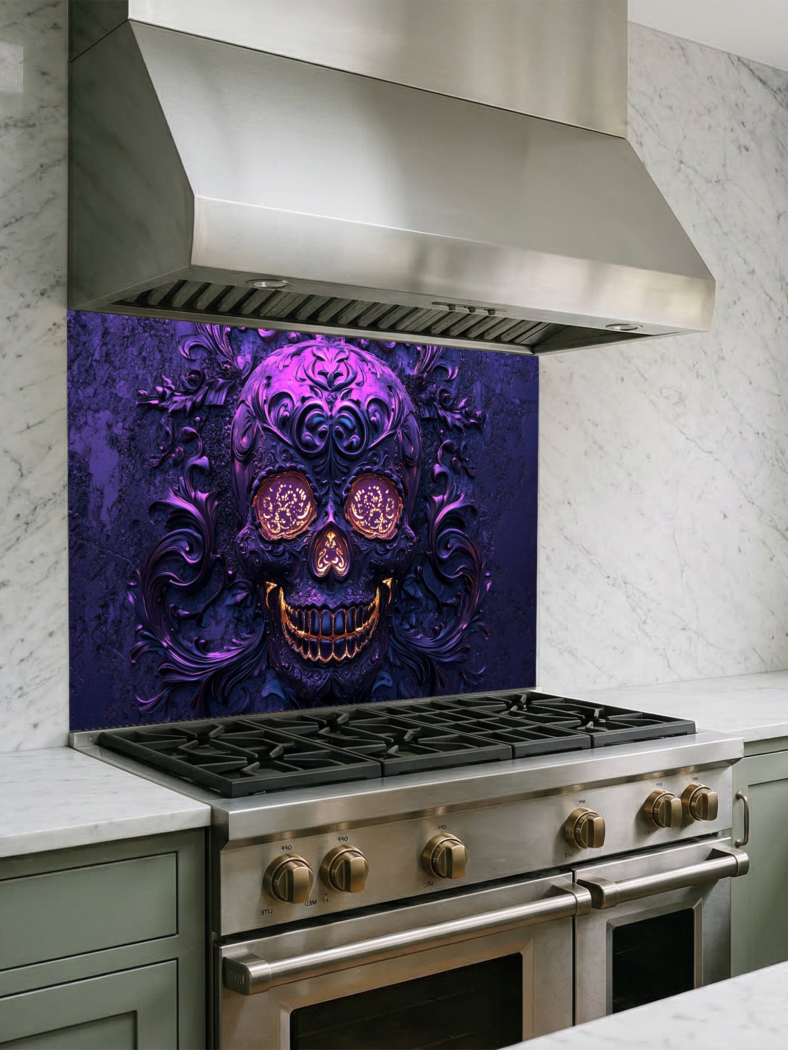 Tempered glass kitchen backsplash featuring a highly realistic 3D illusion of an embossed, intricately carved gothic skull with glowing gold eyes and teeth, surrounded by dark purple baroque filigree swirls, installed behind a modern black stove.