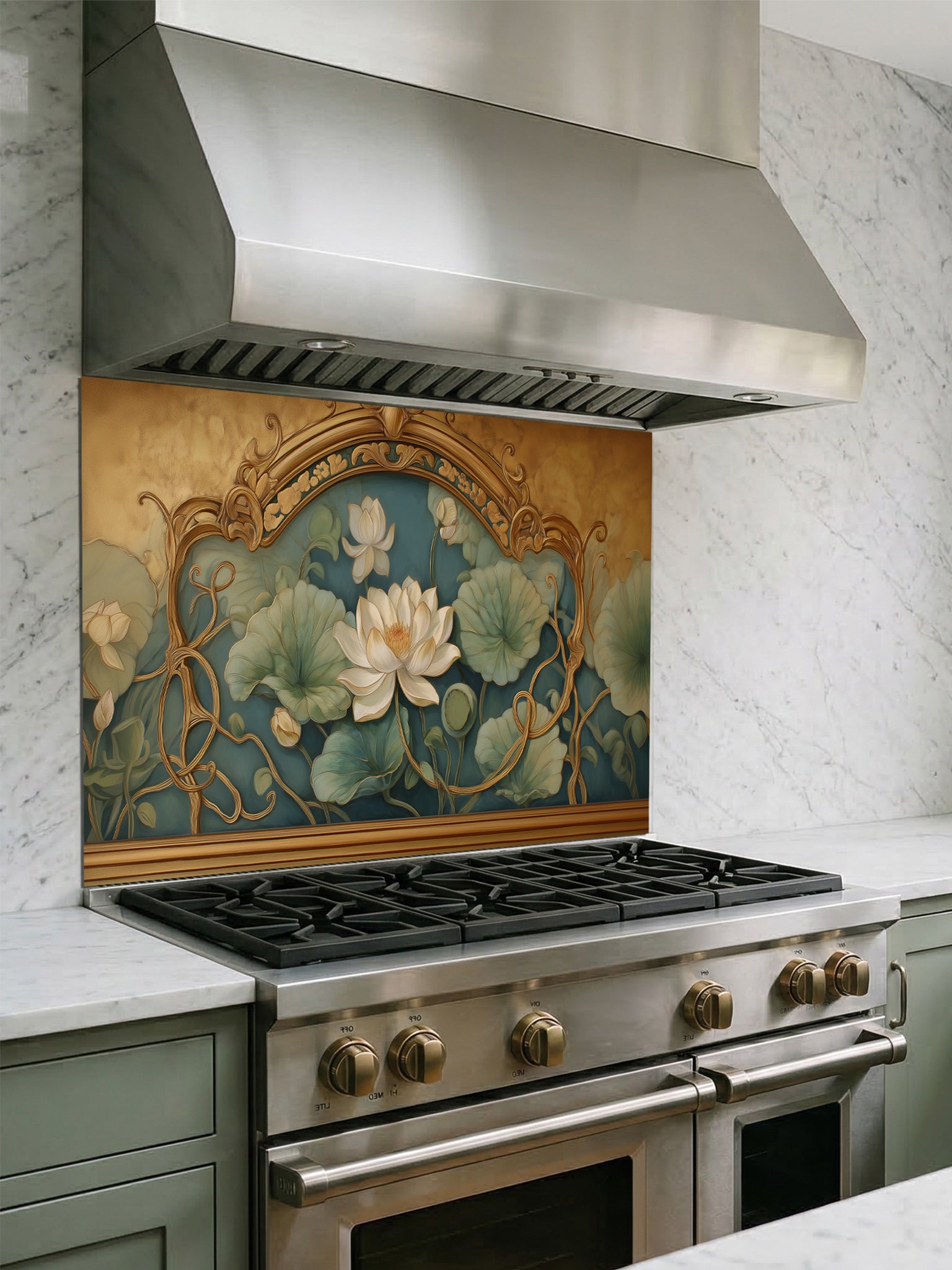 Tempered glass kitchen backsplash featuring a realistic 3D-effect ornate vintage gold frame enclosing a classic painting of white lotus flowers and lily pads on a teal background, installed behind a modern stainless steel stove.