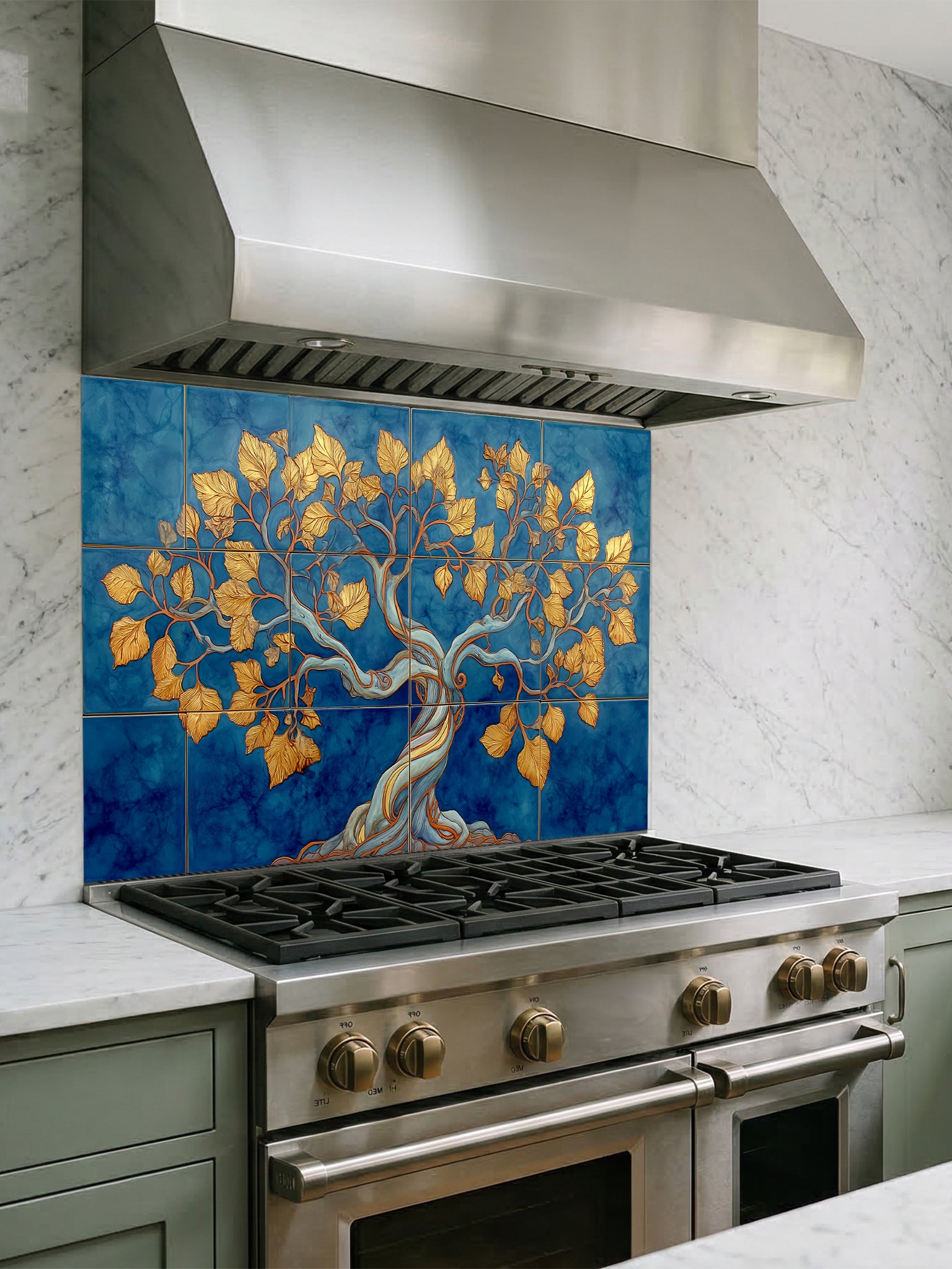 Faux blue tile background featuring an elegant golden Tree of Life with intricate leaves, UV printed on a smooth tempered glass kitchen backsplash, installed behind a modern stove.
