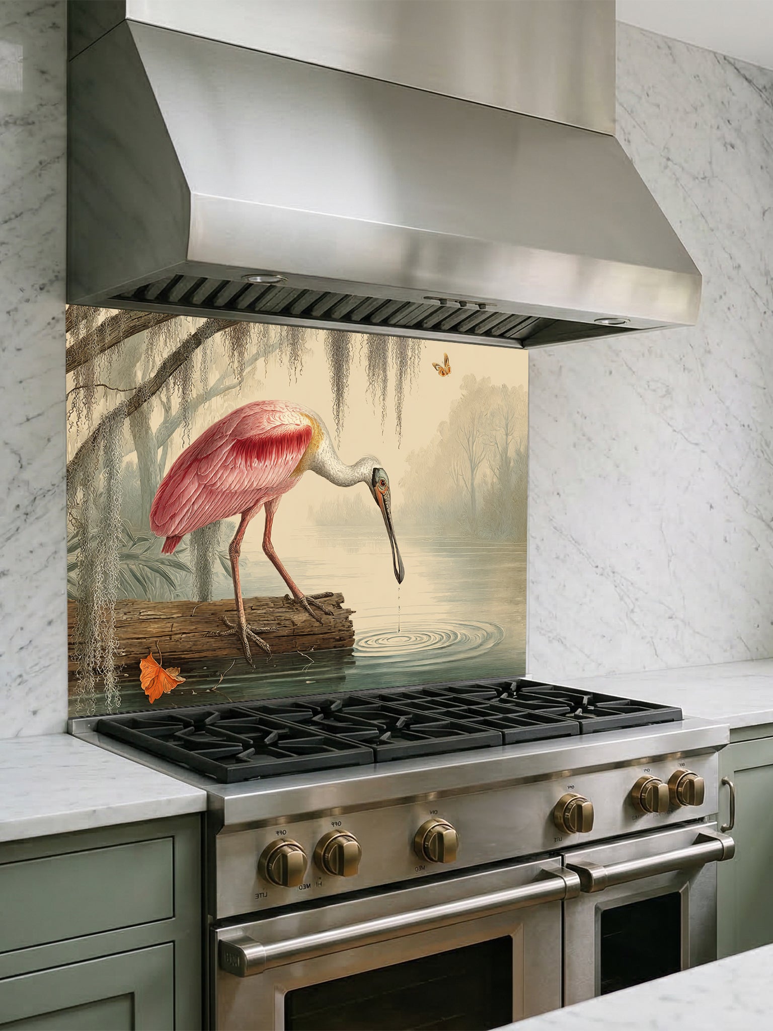 Tempered glass kitchen backsplash featuring a highly realistic illusion of a vintage Audubon-style naturalist illustration showing a beautiful pink roseate spoonbill bird wading in a swamp with weeping Spanish moss against an aged parchment background, installed behind a modern black stove.