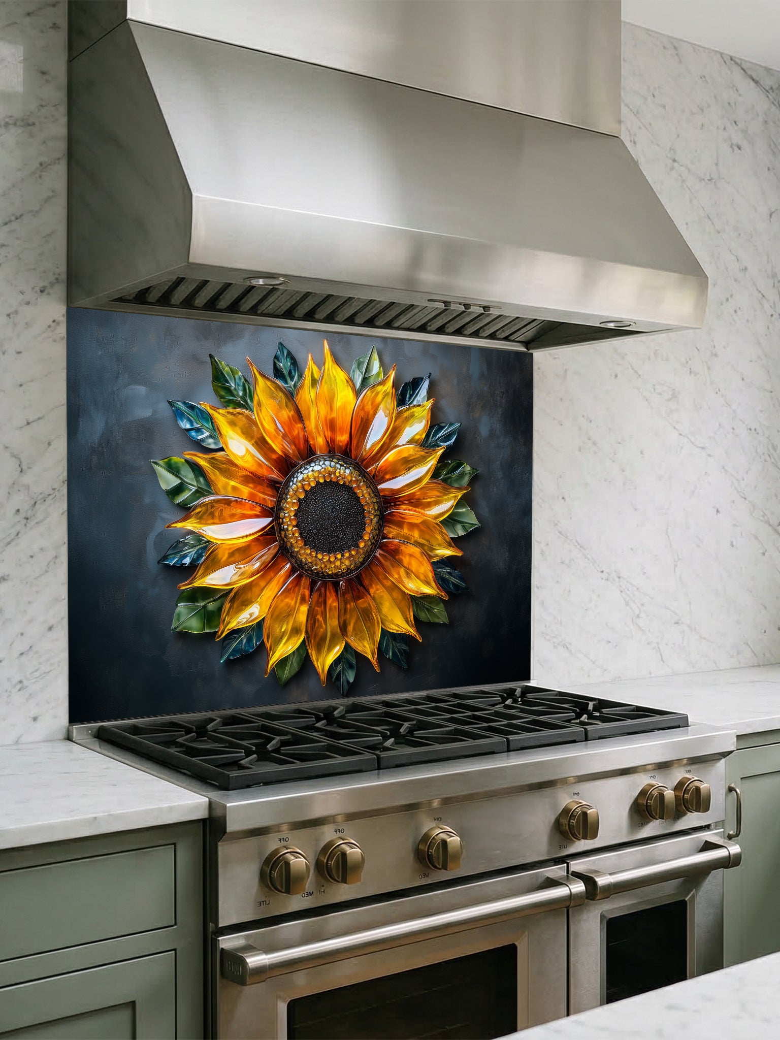 Tempered glass kitchen backsplash featuring a highly realistic 3D illusion of a glowing, translucent blown glass golden sunflower with green leaves against a dramatic dark charcoal background, installed behind a modern stainless steel stove.