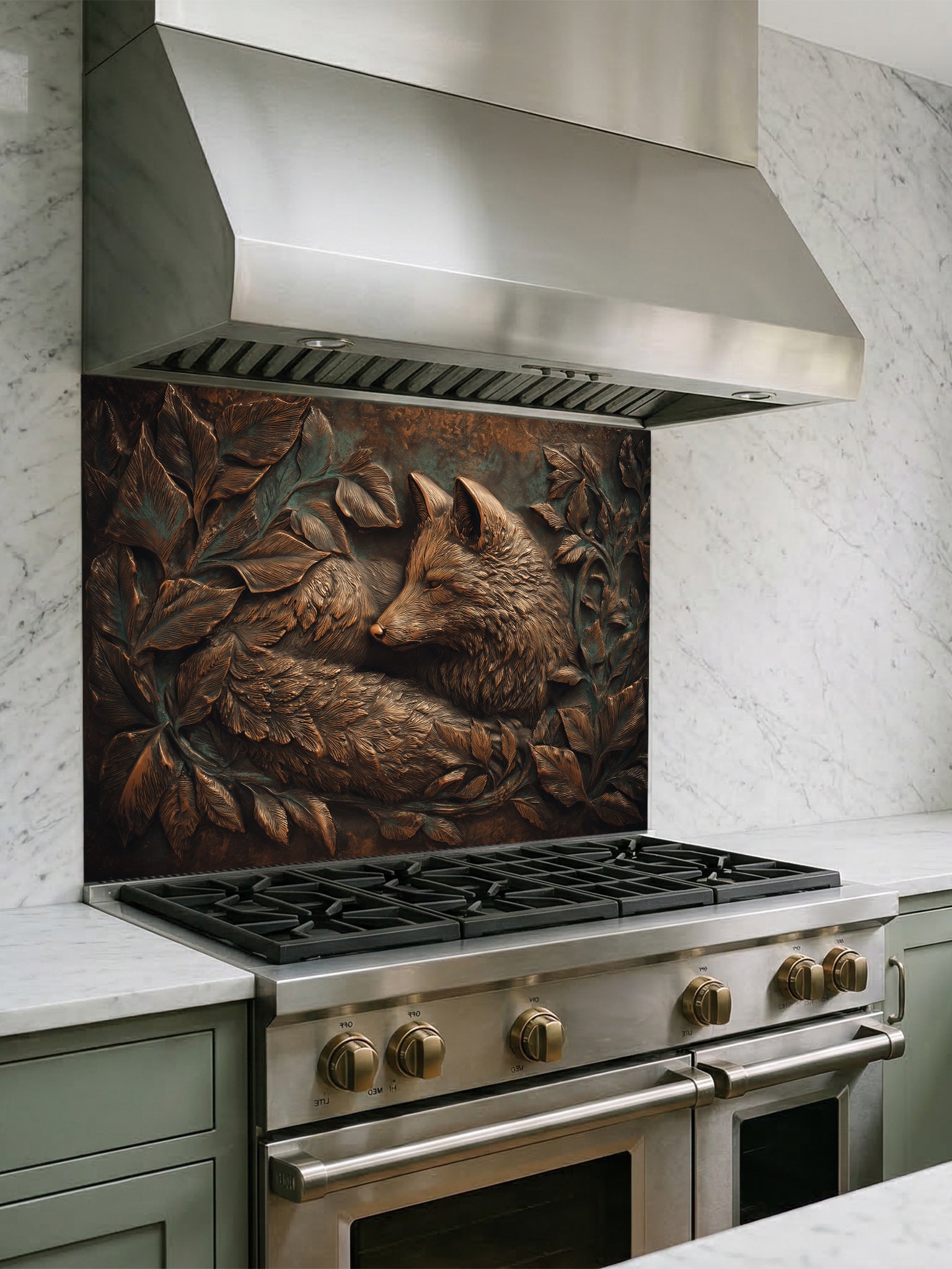 A sleek kitchen featuring a tempered glass backsplash with a highly realistic 3D illusion of an antique copper embossed fox resting among leaves, installed behind a modern stainless steel stove.
