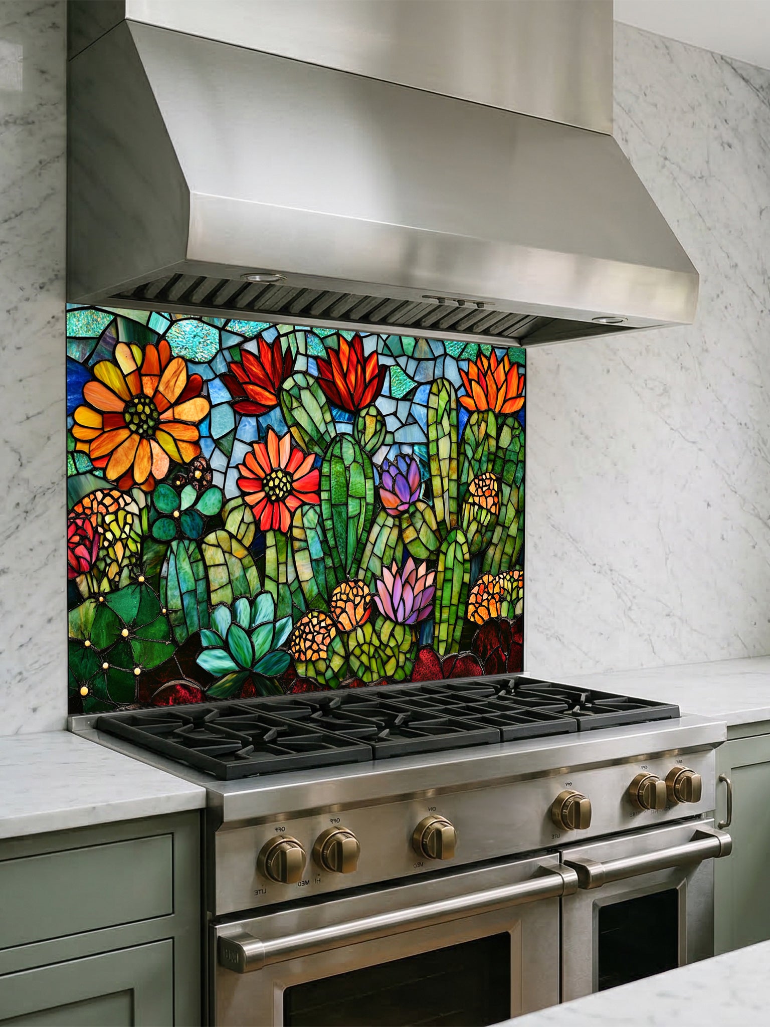 Stained glass style vibrant green cacti with blooming orange, red, and pink flowers in a desert landscape, UV printed on a smooth tempered glass kitchen backsplash, installed behind a modern stove.