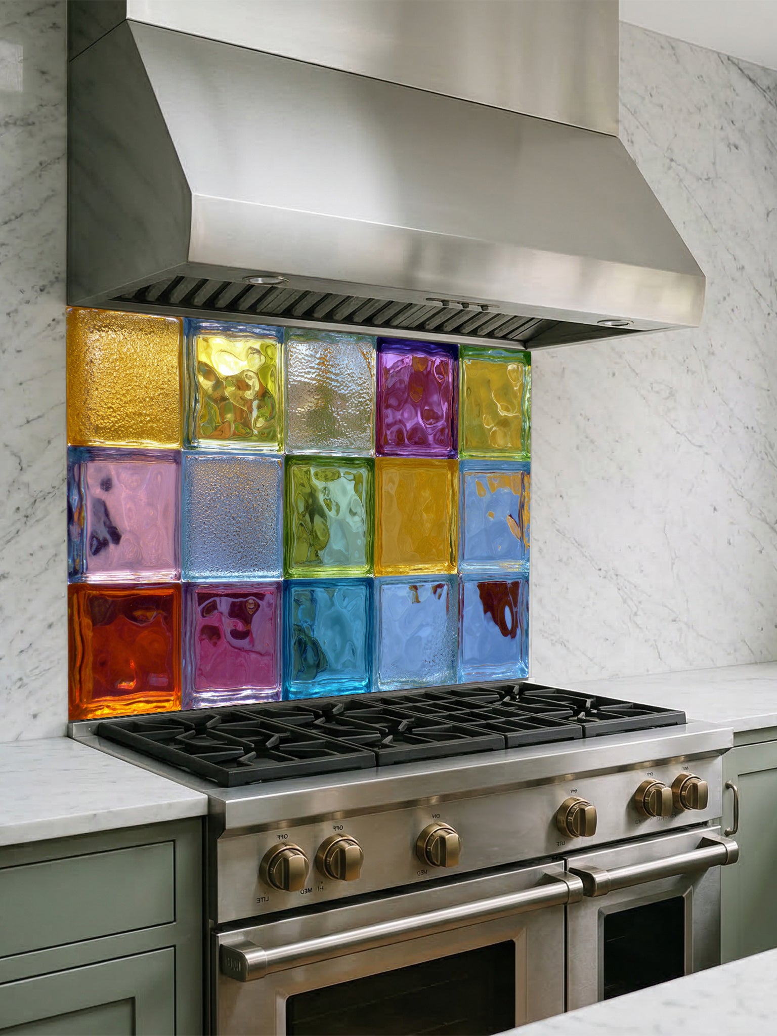Tempered glass kitchen backsplash featuring a highly realistic 3D illusion of colorful architectural glass blocks in vibrant translucent hues of blue, green, yellow, and purple with wavy textures, installed behind a modern stainless steel stove.