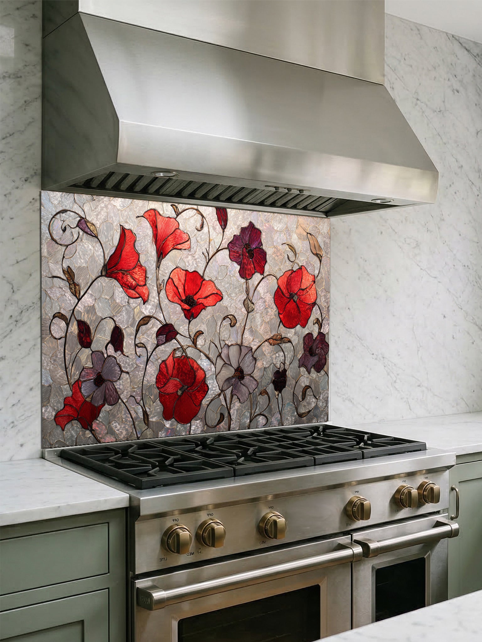 Tempered glass kitchen backsplash featuring a faux stained glass design of vibrant red and purple poppy flowers with elegant curving stems against a textured silver mosaic background, installed behind a modern stainless steel stove.