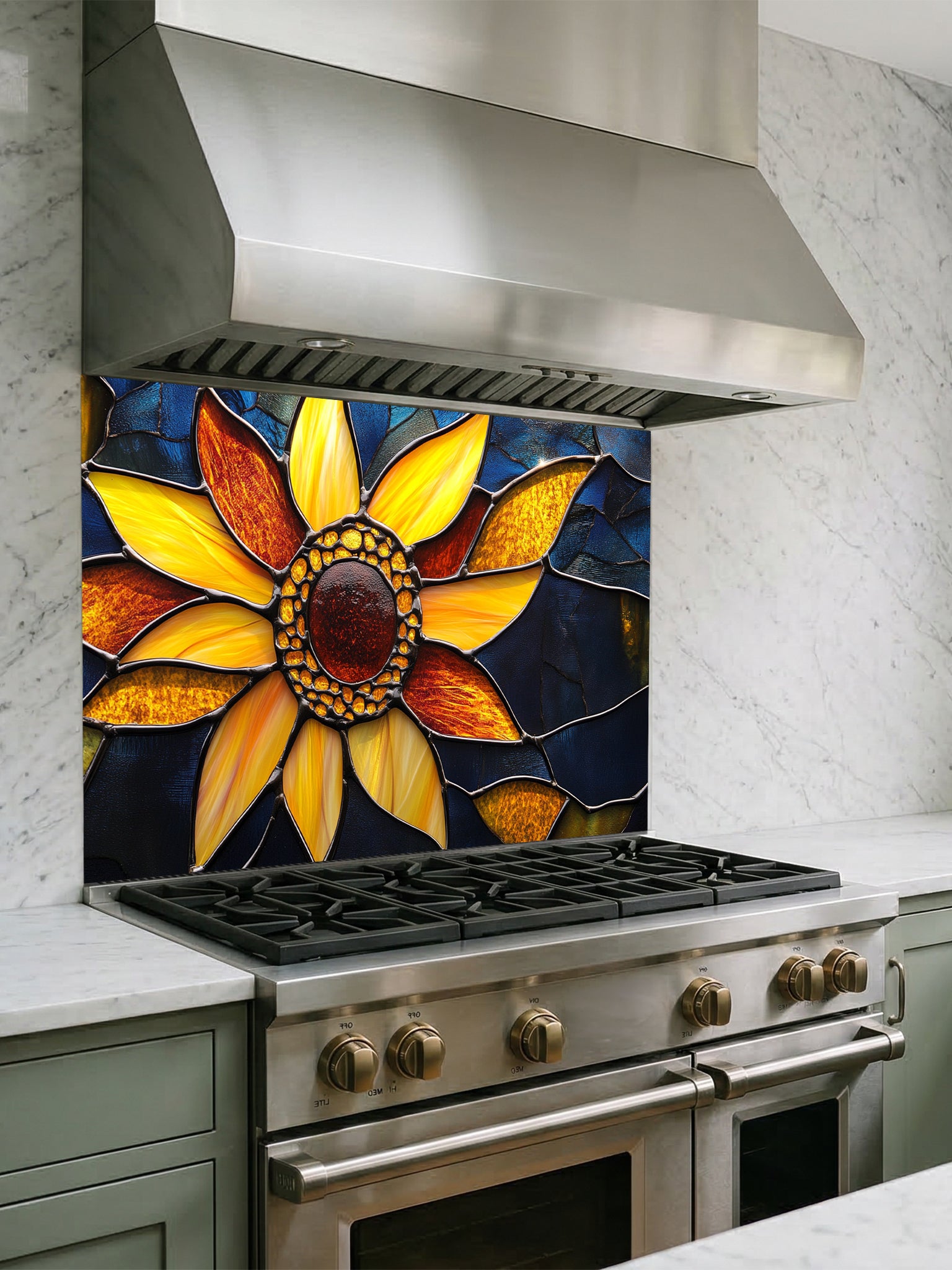 Stained glass style macro sunflower with vibrant yellow petals against a dark blue background, UV printed on a smooth tempered glass kitchen backsplash.