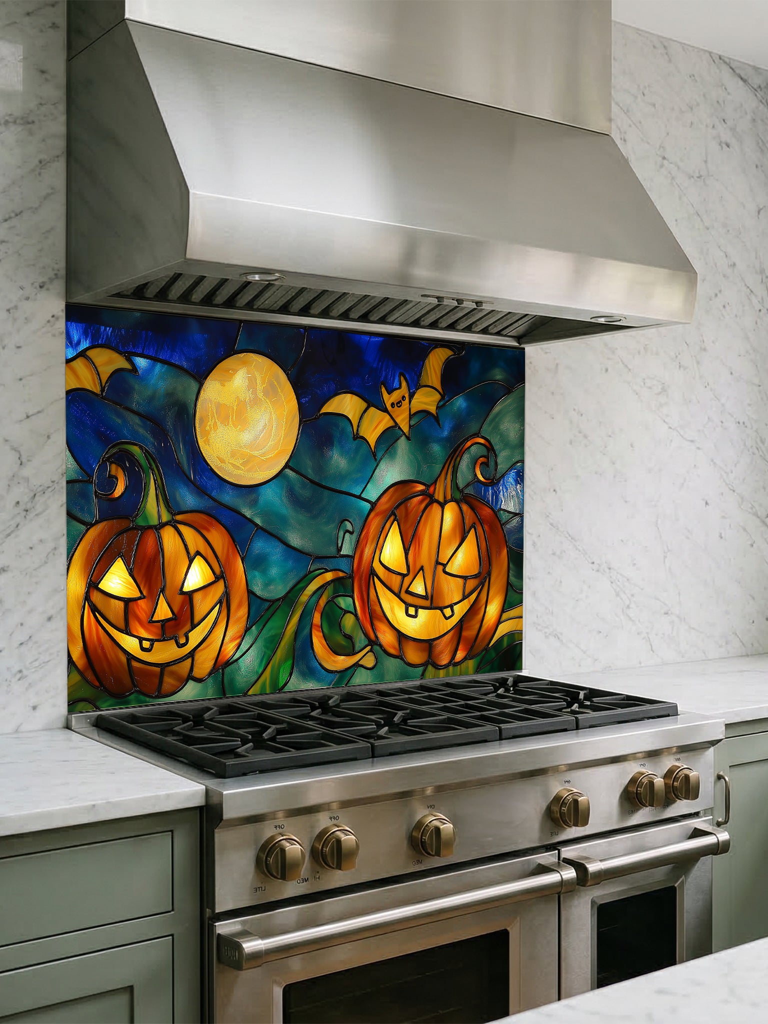 Stainless steel range with Halloween-themed glass backsplash featuring jack-o'-lanterns and a full moon.