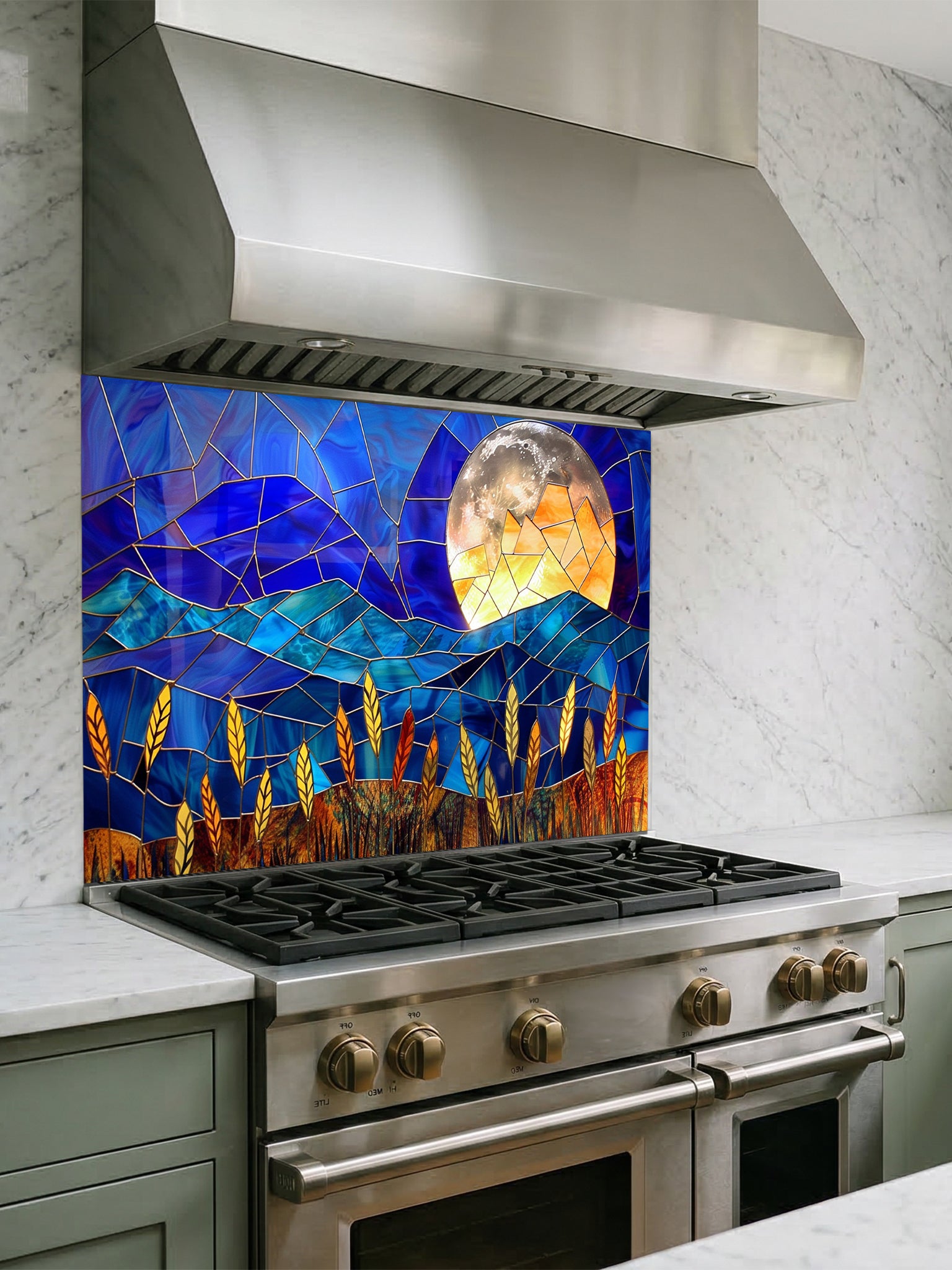 Stained glass style landscape featuring deep blue mountains, a glowing full moon, and golden wheat, UV printed on a smooth tempered glass kitchen backsplash.