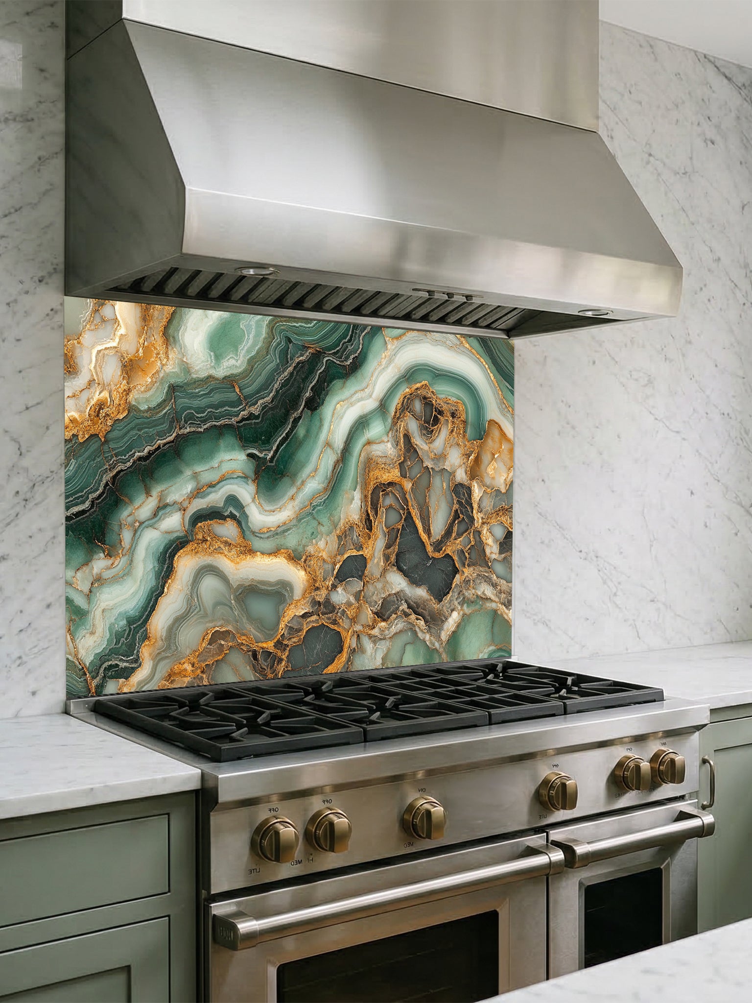 Faux luxury stone slice pattern featuring deep emerald green agate layers and striking gold veins, UV printed on a smooth tempered glass kitchen backsplash.