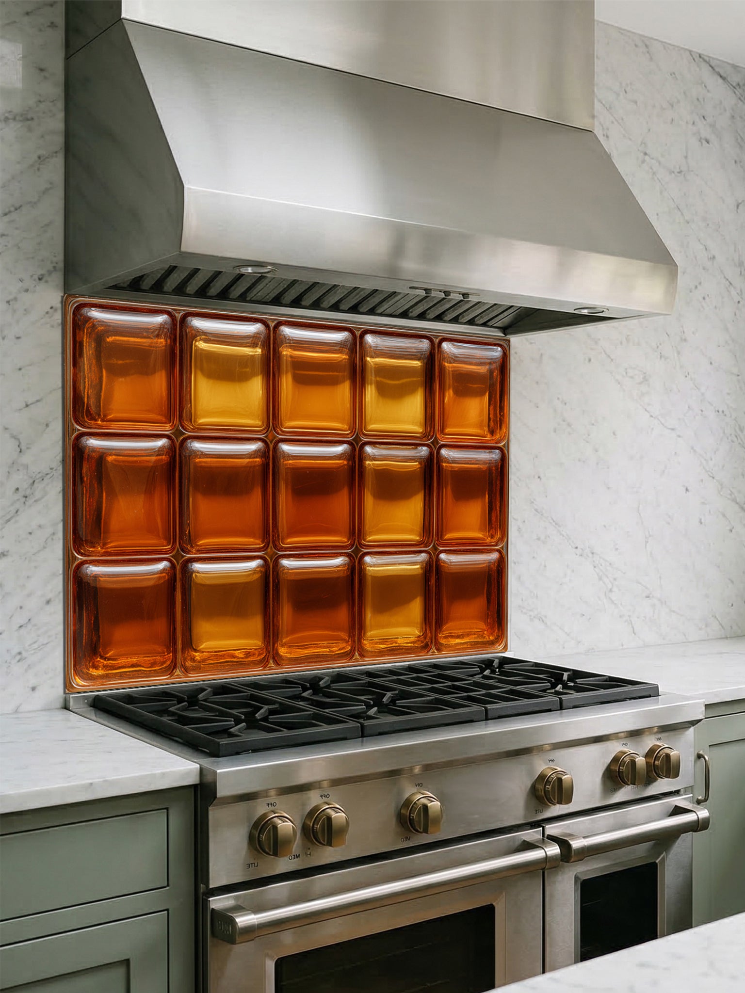 Tempered glass kitchen backsplash featuring a highly realistic 3D illusion of textured retro glass blocks in glowing, warm shades of amber and honey gold, installed behind a modern stainless steel stove.