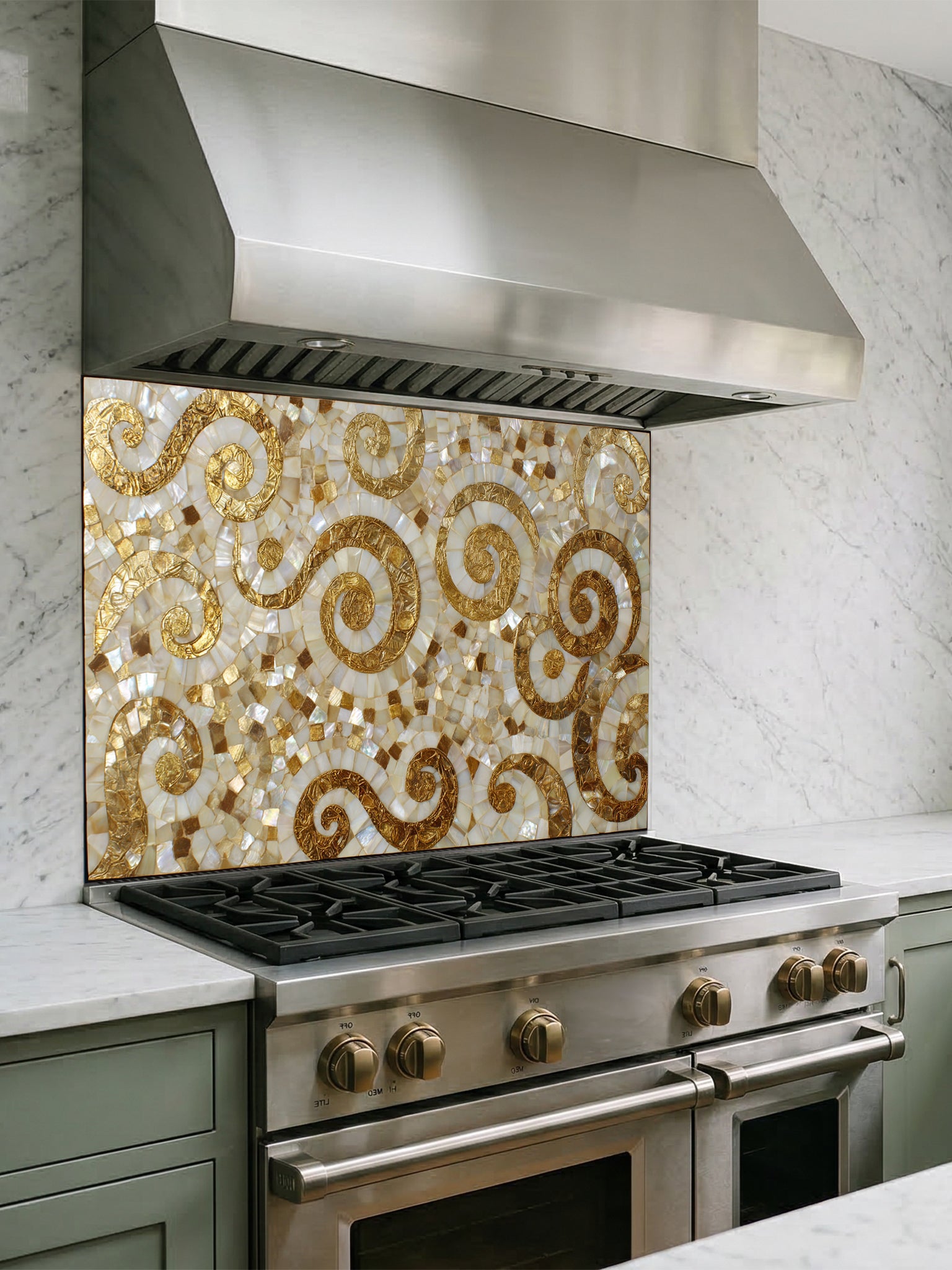 Faux 3D mosaic tile pattern featuring elegant gold swirls on an iridescent mother-of-pearl background, UV printed on a smooth tempered glass kitchen backsplash.