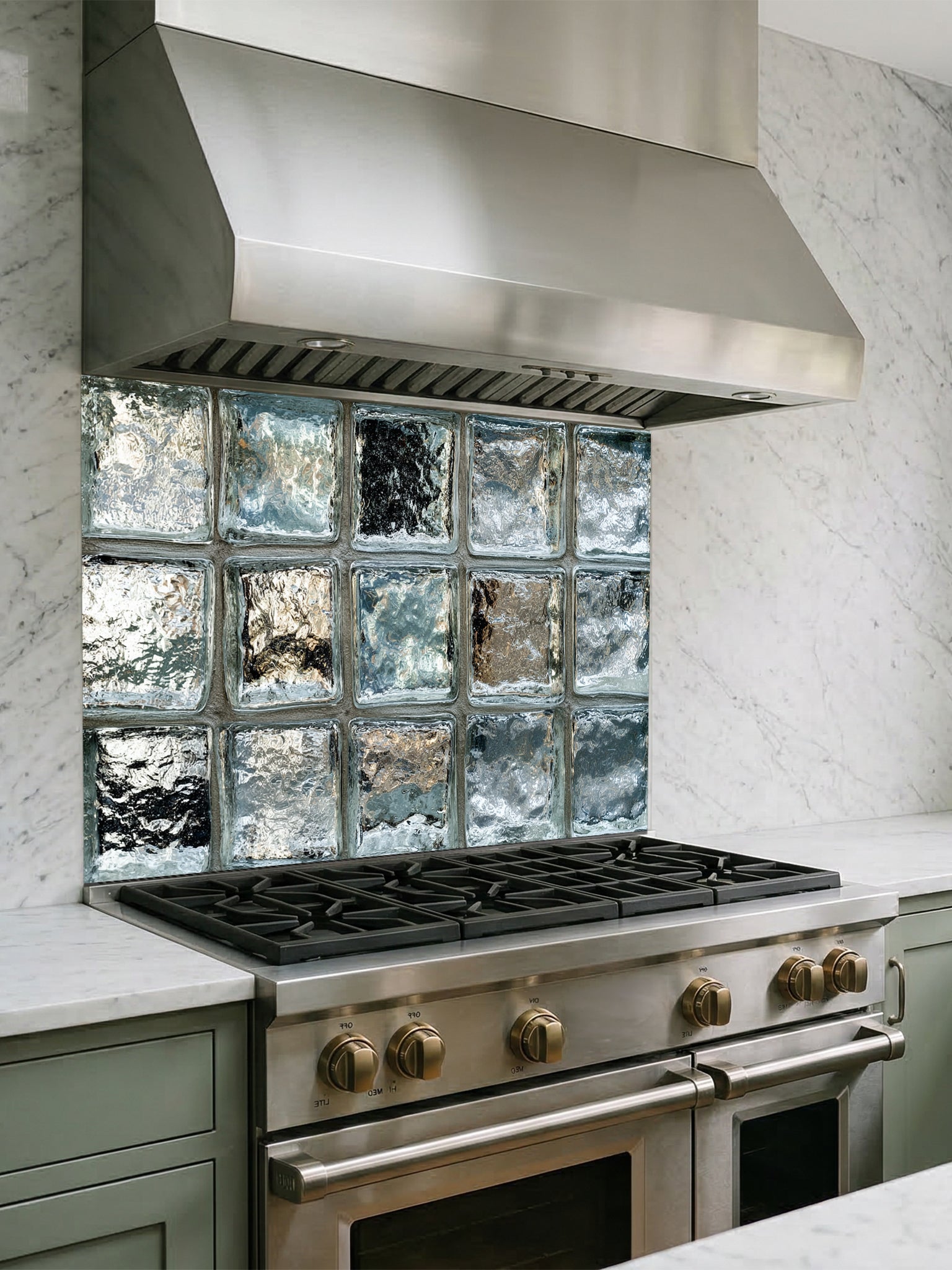 Tempered glass kitchen backsplash featuring a highly realistic 3D illusion of classic architectural clear glass blocks with authentic wavy, ice-like textures and sleek silver-grey reflections, installed behind a modern black stove.
