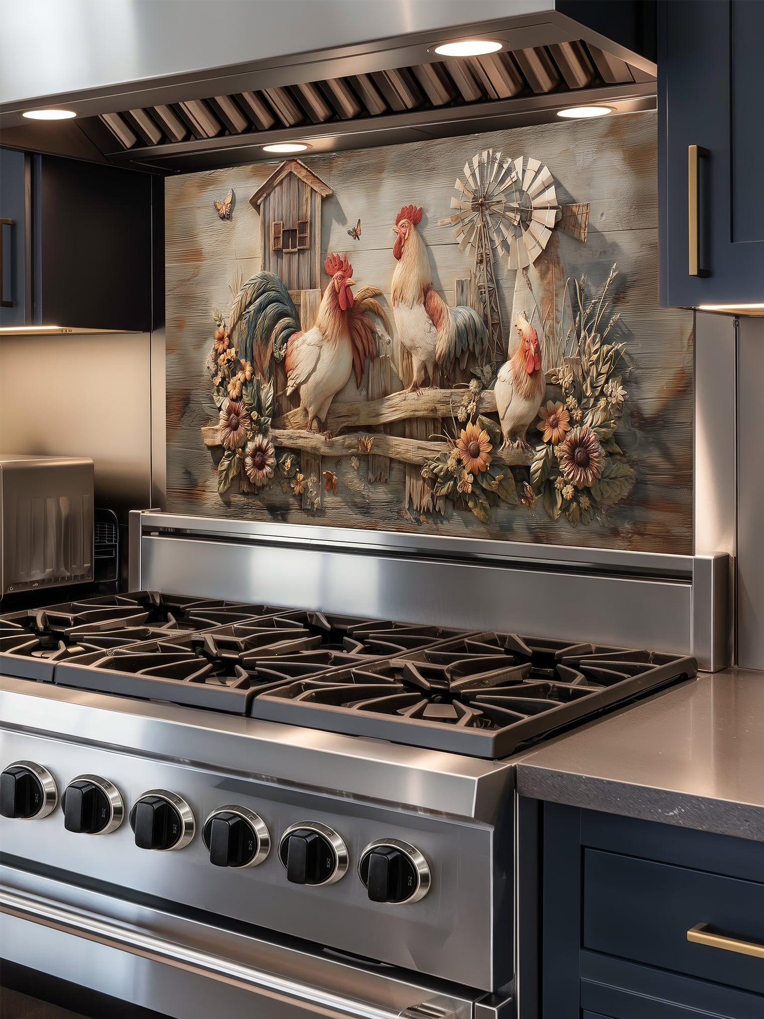 Tempered glass kitchen backsplash featuring a realistic 3D carved wood effect design with roosters, sunflowers, and a windmill, installed behind a modern stainless steel stove.