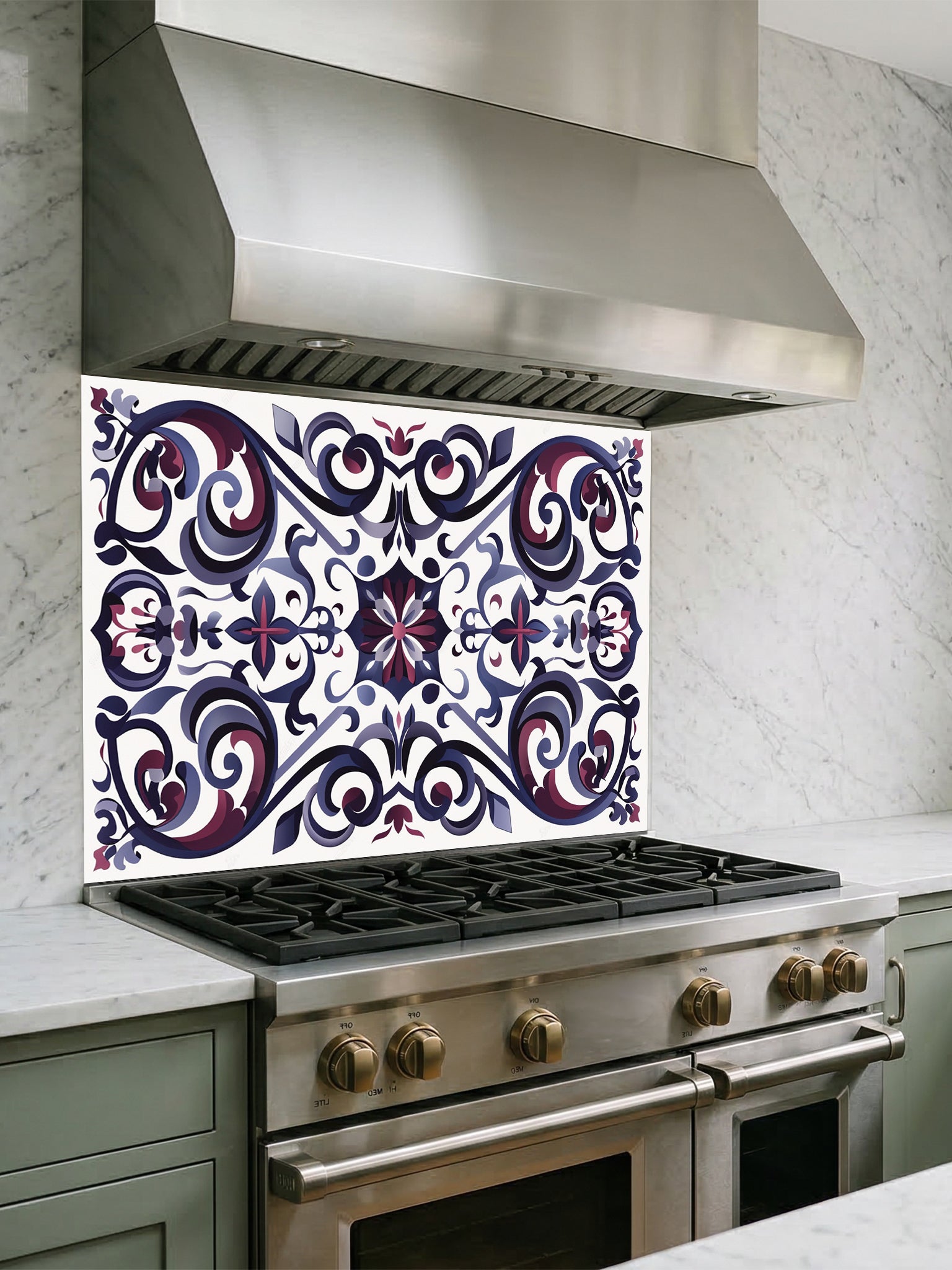 Tempered glass kitchen backsplash featuring a highly realistic illusion of classic Mediterranean or Moroccan tiles, showcasing an elegant, symmetrical Damask pattern in deep navy blue, plum, and grey on a white background, installed behind a modern black stove.