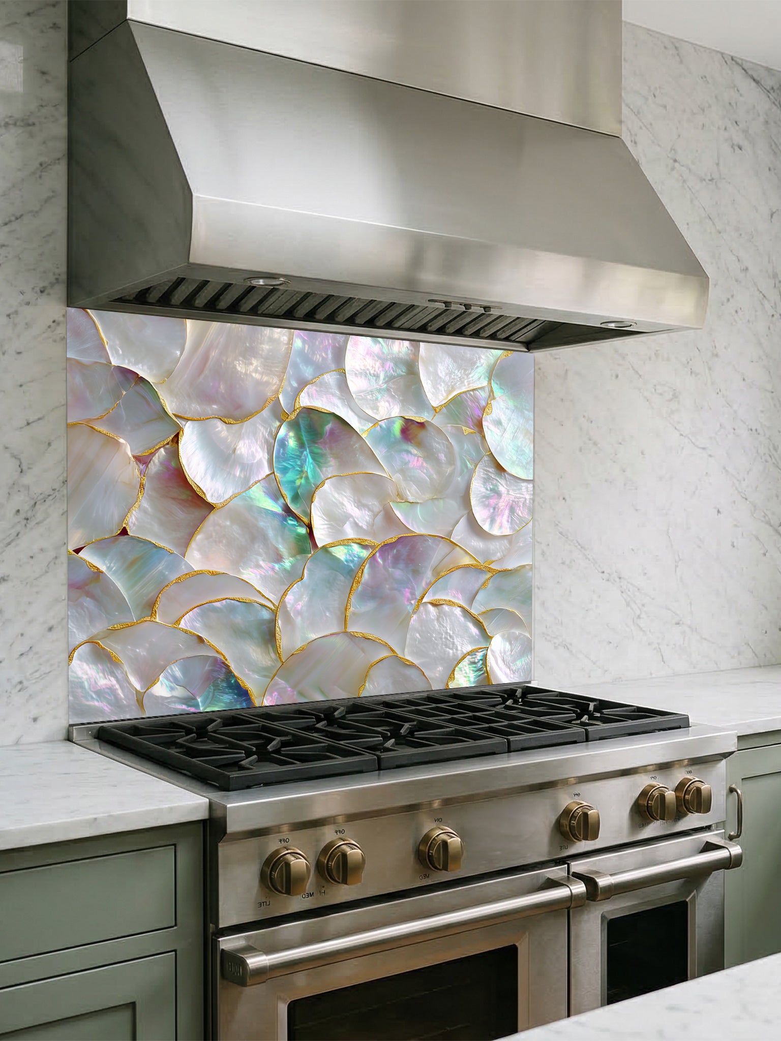 Tempered glass kitchen backsplash featuring a highly realistic 3D illusion of a luxury mother of pearl shell mosaic with iridescent pearlescent hues and faux gold edges, installed behind a modern stainless steel stove.