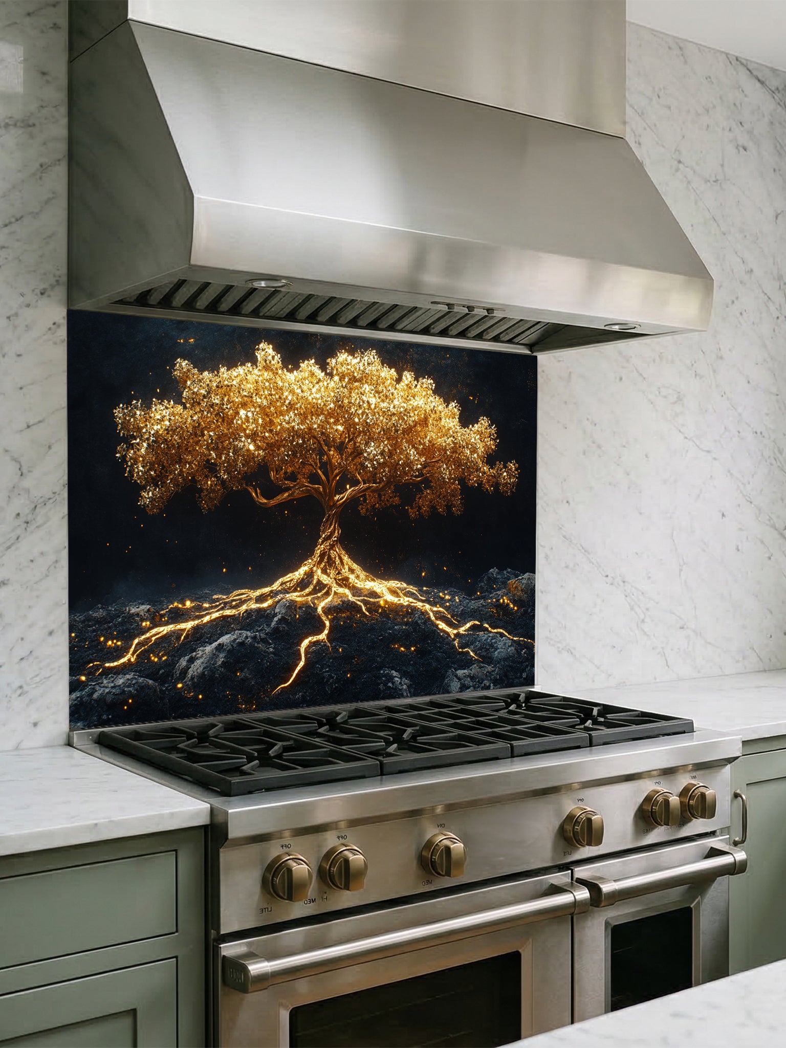 Faux glowing golden tree of life with illuminated roots on a dark mystical background, UV printed on a smooth tempered glass kitchen backsplash.