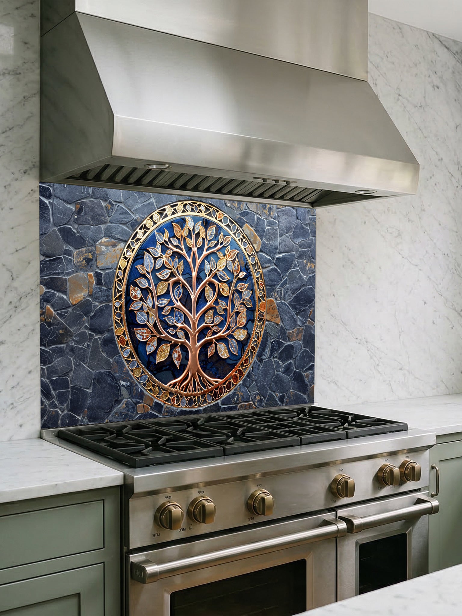 Stainless steel range with decorative glass backsplash featuring a tree design.