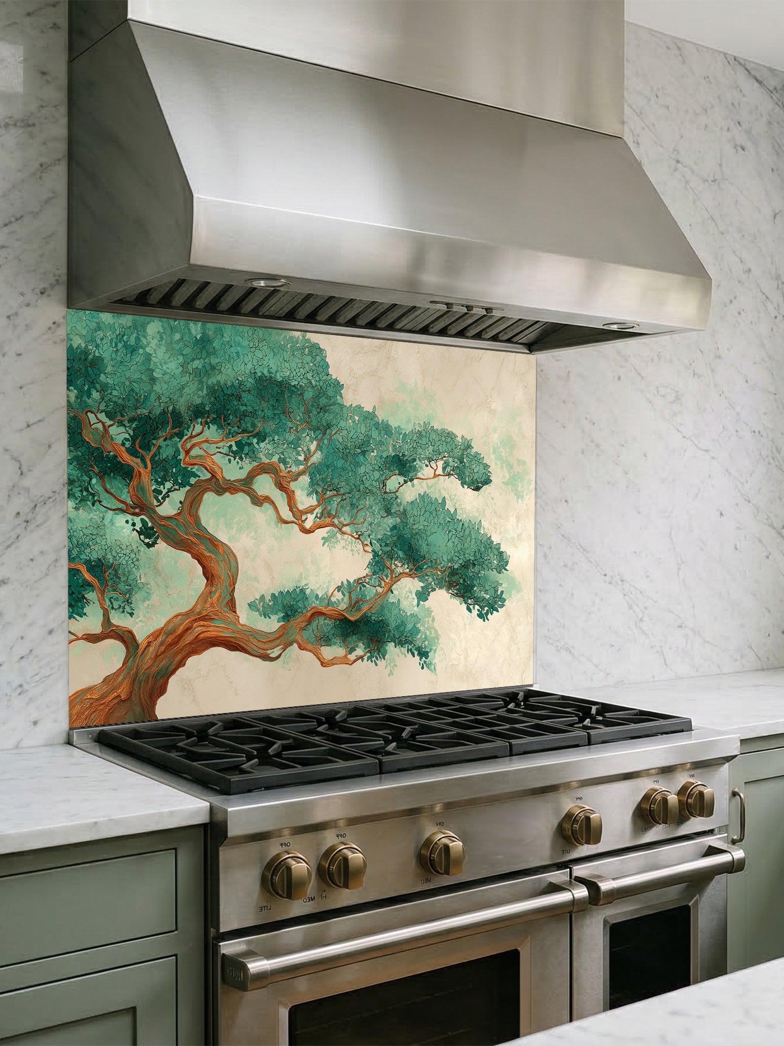 Traditional Asian art style illustration of an ancient bonsai pine tree with lush green needles on a textured beige background, UV printed on a smooth tempered glass kitchen backsplash.
