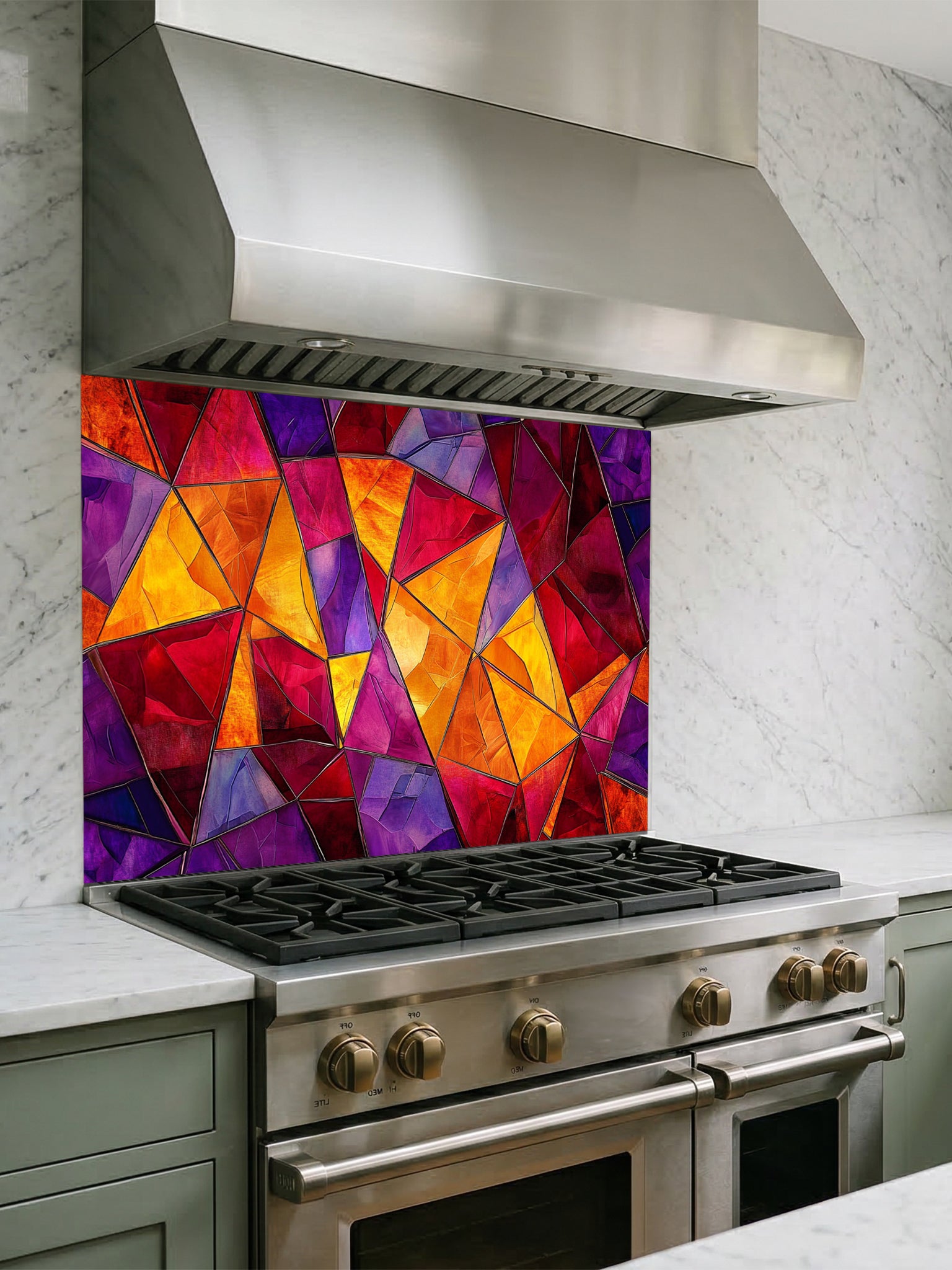 Tempered glass kitchen backsplash featuring a highly realistic illusion of abstract geometric stained glass with asymmetrical shards in vibrant, warm jewel tones of ruby red, magenta, amethyst, and amber, installed behind a modern black stove.