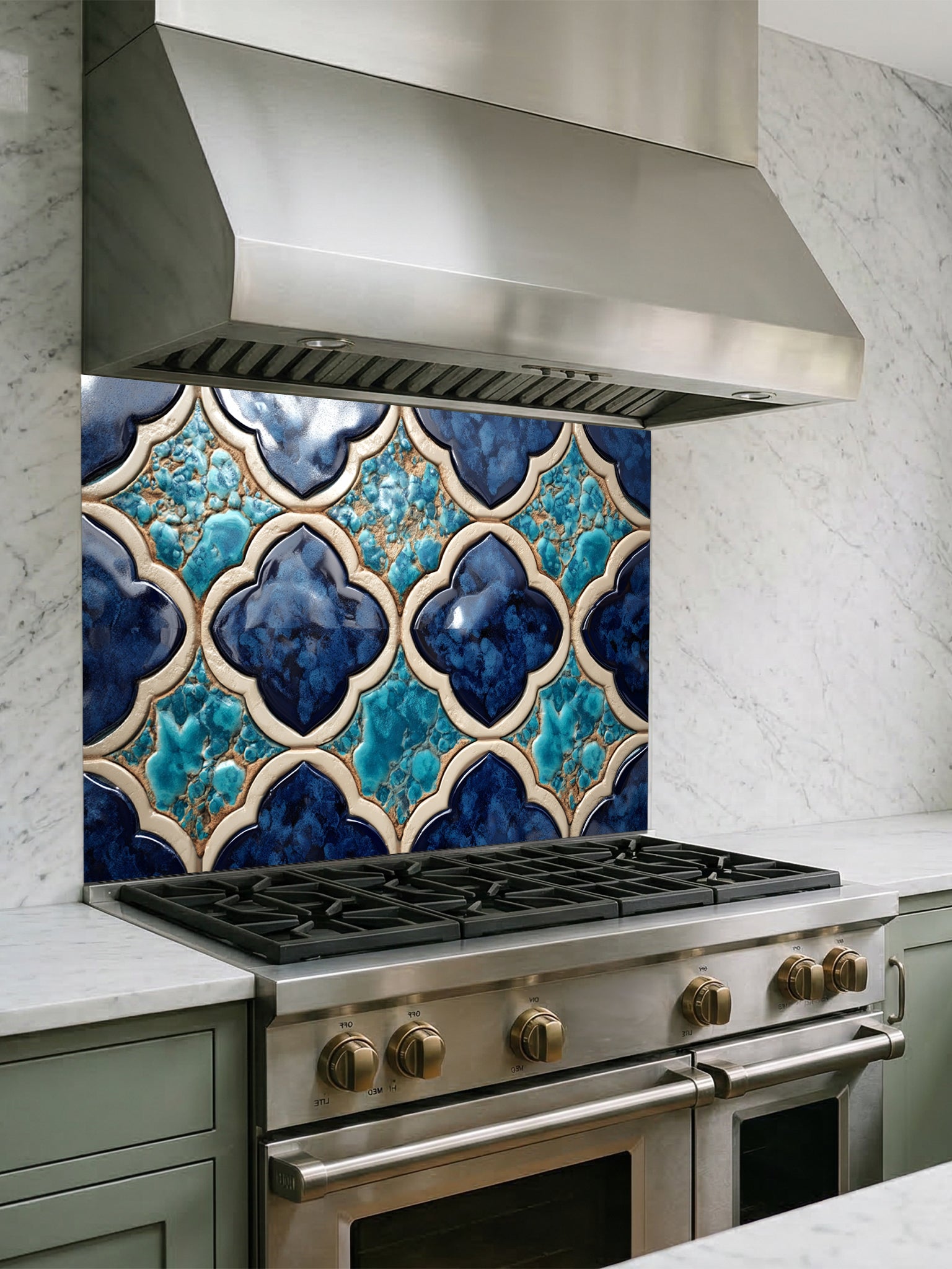 Stainless steel range hood above a gas stove with decorative blue and turquoise tile backsplash.
