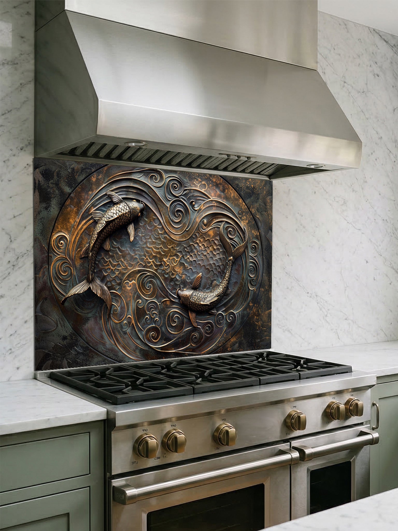 Tempered glass kitchen backsplash featuring a highly realistic 3D faux metal design of two Koi fish swimming in a circular Yin-Yang pattern among swirling waves in antique bronze and dark oxidized tones, installed behind a modern stainless steel stove.