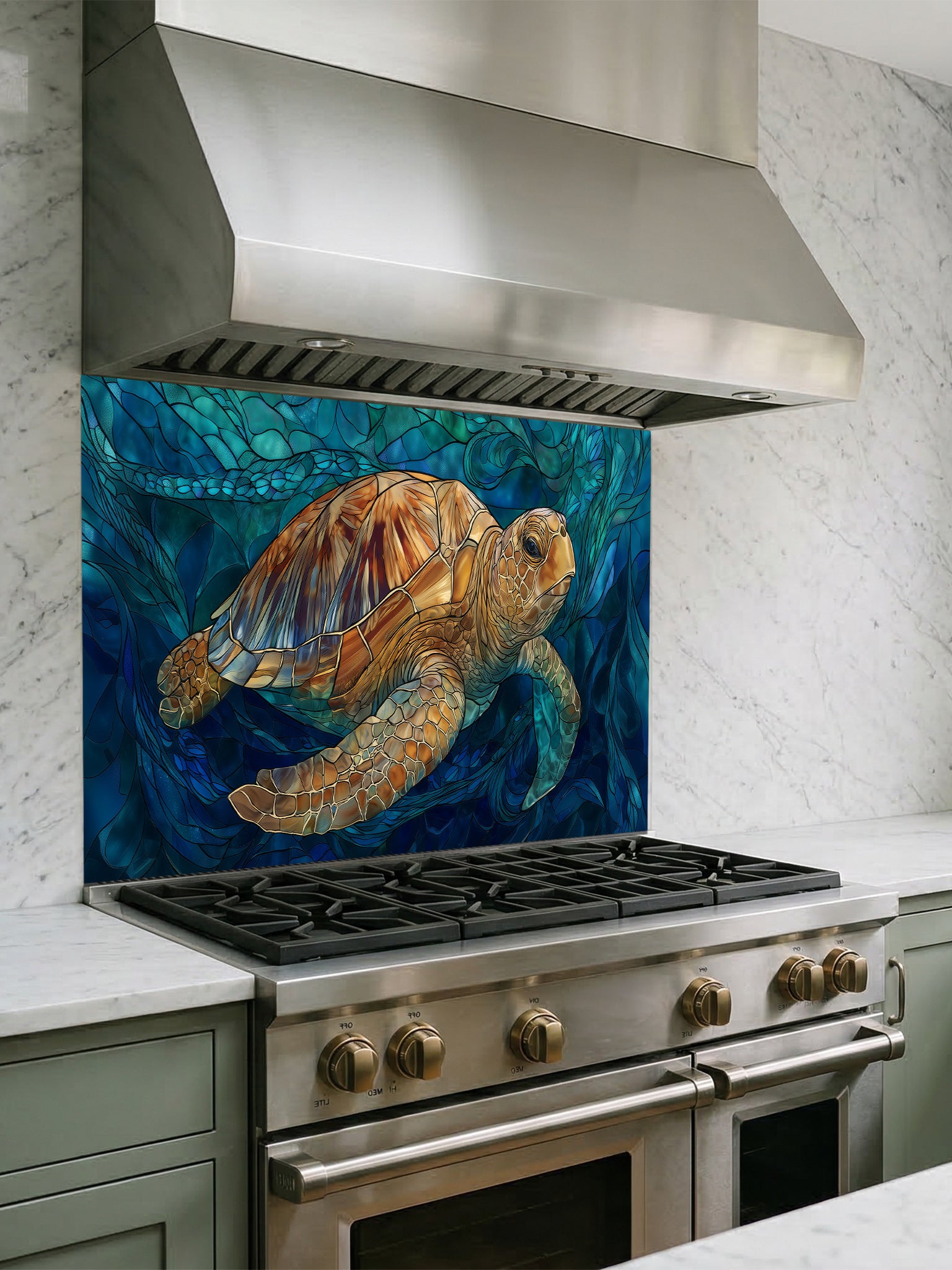 Tempered glass kitchen backsplash featuring a highly realistic 3D illusion of stained glass art showing a majestic sea turtle swimming through deep blue ocean flora and waves, installed behind a modern stainless steel stove.