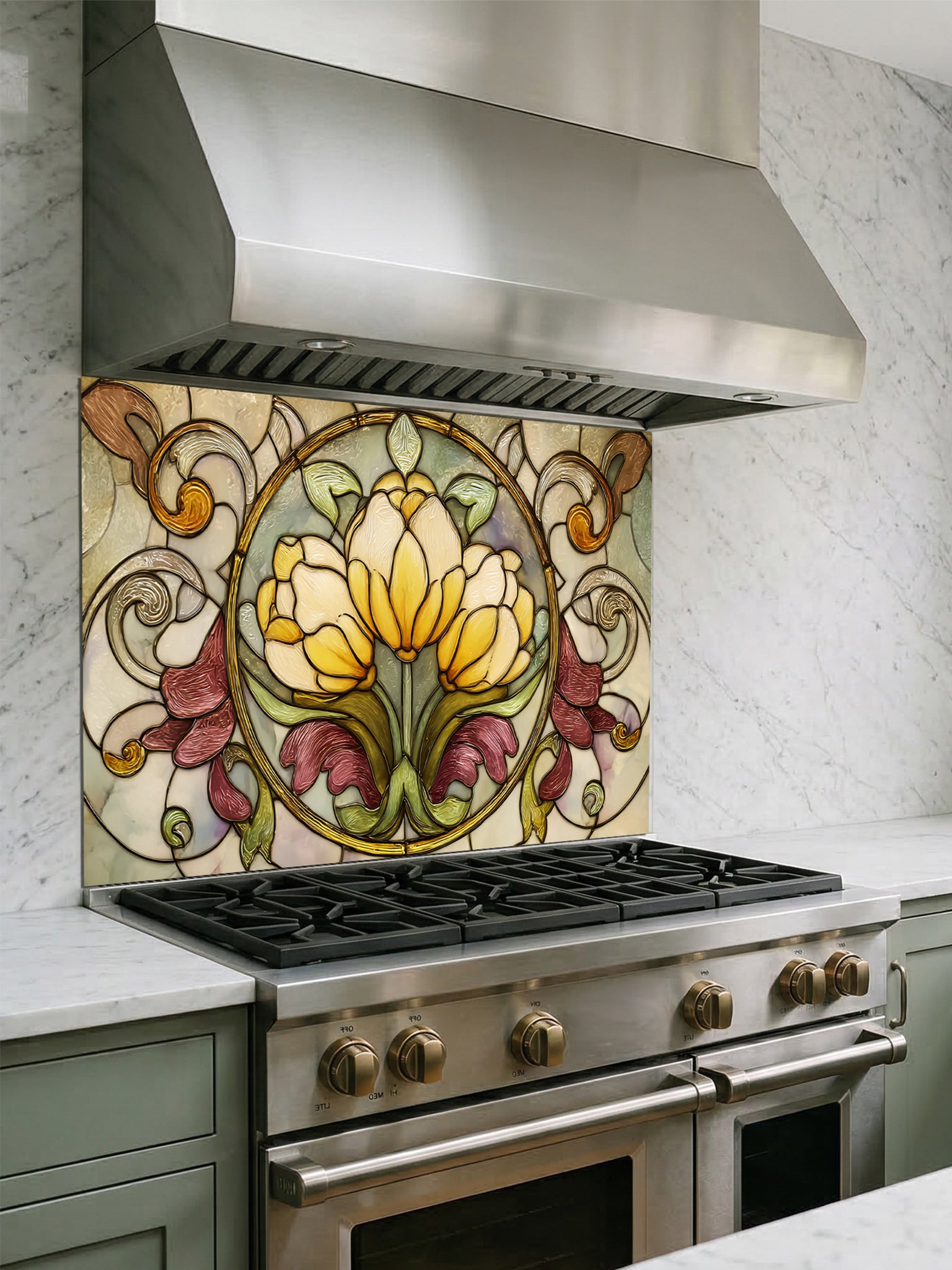 Tempered glass kitchen backsplash featuring a highly realistic faux stained glass design with a central medallion of yellow tulips surrounded by ornate Art Nouveau vines in green and burgundy, installed behind a modern stainless steel stove.