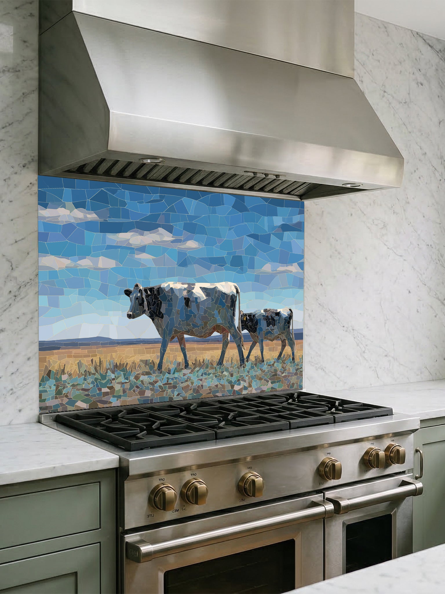 Faux mosaic tile art of a cow and calf in a pasture under a blue sky, UV printed on a smooth tempered glass kitchen backsplash, installed behind a modern stove.