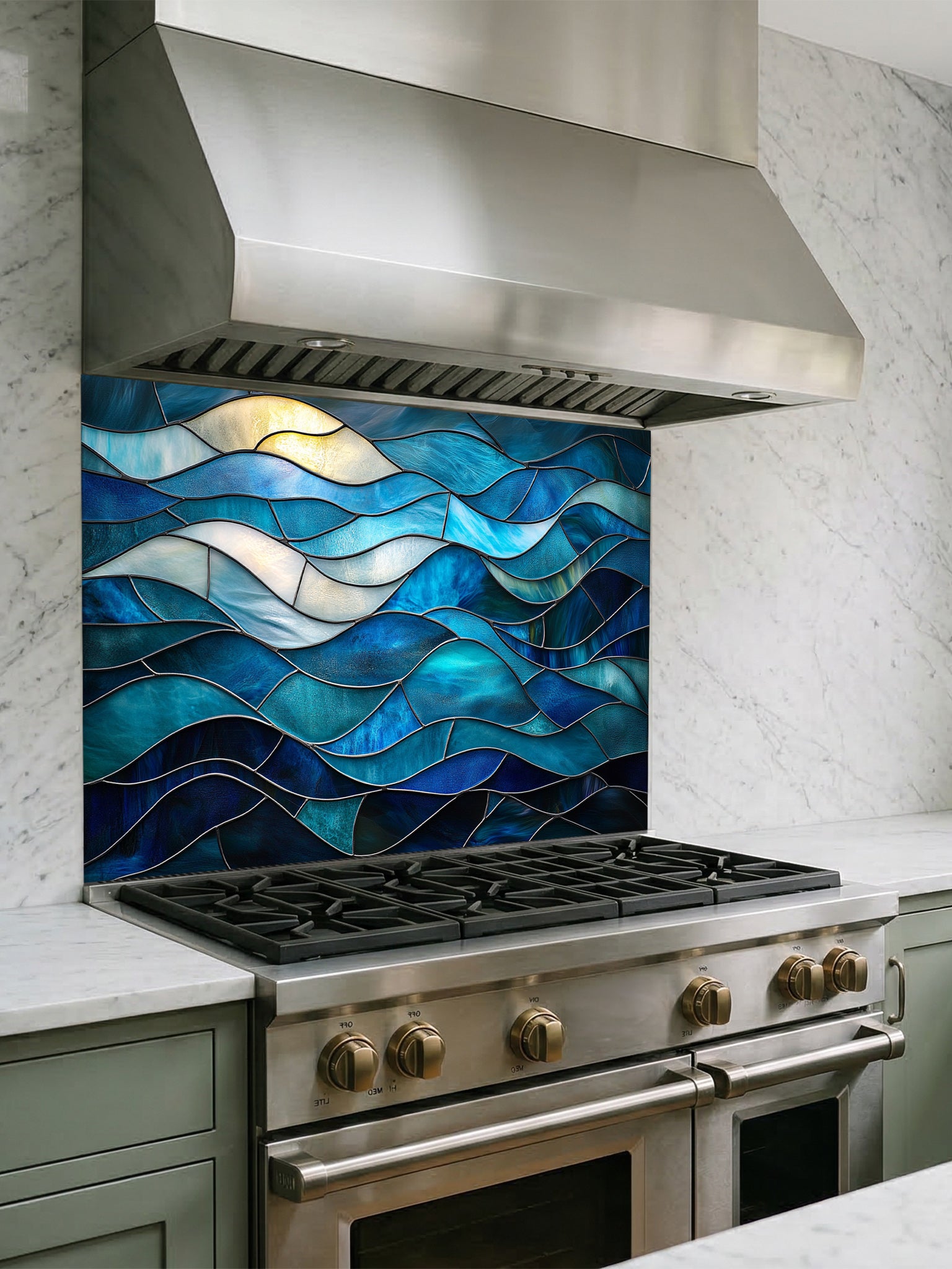 Stained glass style abstract ocean waves in rich blue and turquoise hues, UV printed on a smooth tempered glass kitchen backsplash, installed behind a modern stove.