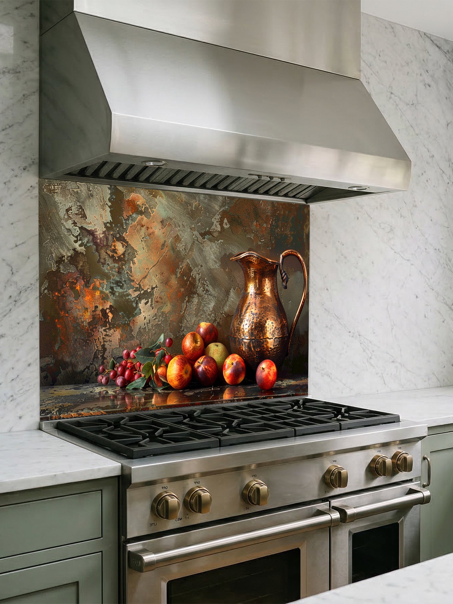 Rustic still life painting of a hammered copper pitcher and fresh fruits against a textured patina metal background, UV printed on a smooth tempered glass kitchen backsplash.