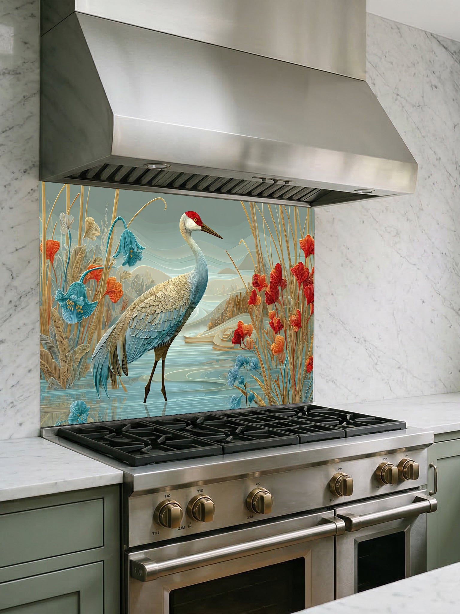 Tempered glass kitchen backsplash featuring a highly realistic illustrative design of a majestic crane standing in water among stylized red poppies and bluebell flowers against a sage green sky, installed behind a modern black stove.