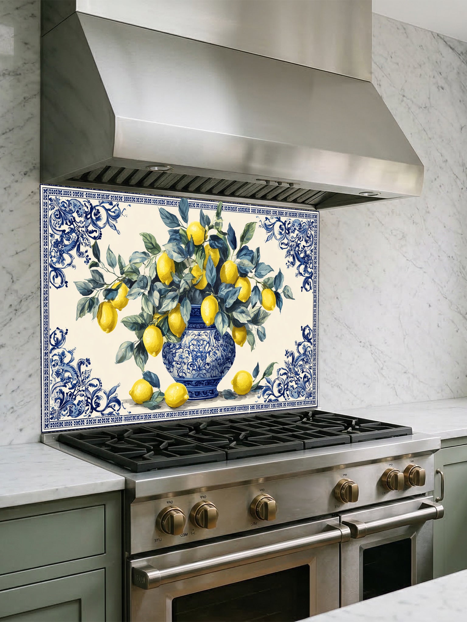 Kitchen stove with decorative glass backsplash featuring lemons and a vase.