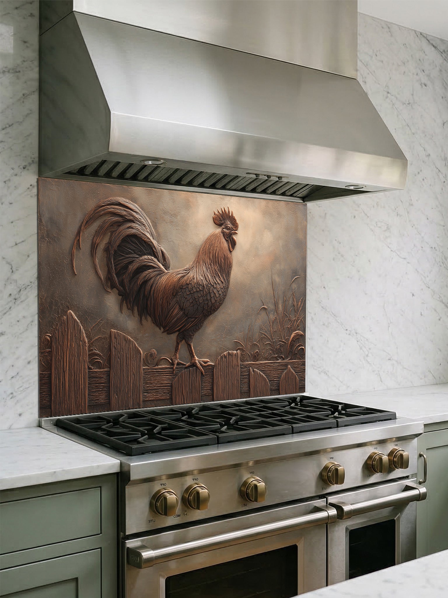 Tempered glass kitchen backsplash featuring a highly realistic 3D faux copper metal relief design of a rustic rooster standing on a fence, installed behind a modern stainless steel stove.