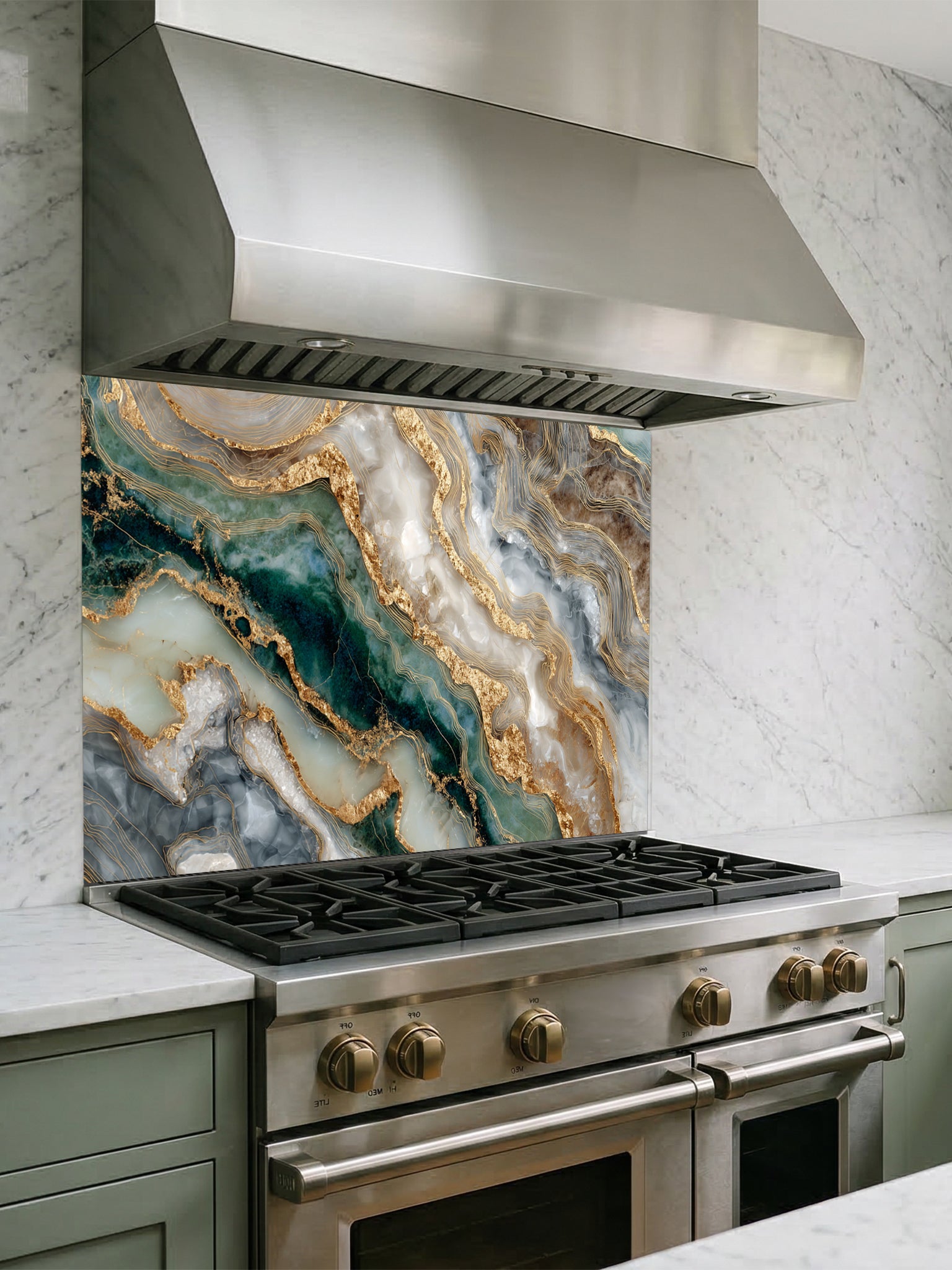 Faux fluid art epoxy resin pattern featuring deep malachite green, white, and striking 3D-looking liquid gold Kintsugi veins, UV printed on a smooth tempered glass kitchen backsplash.